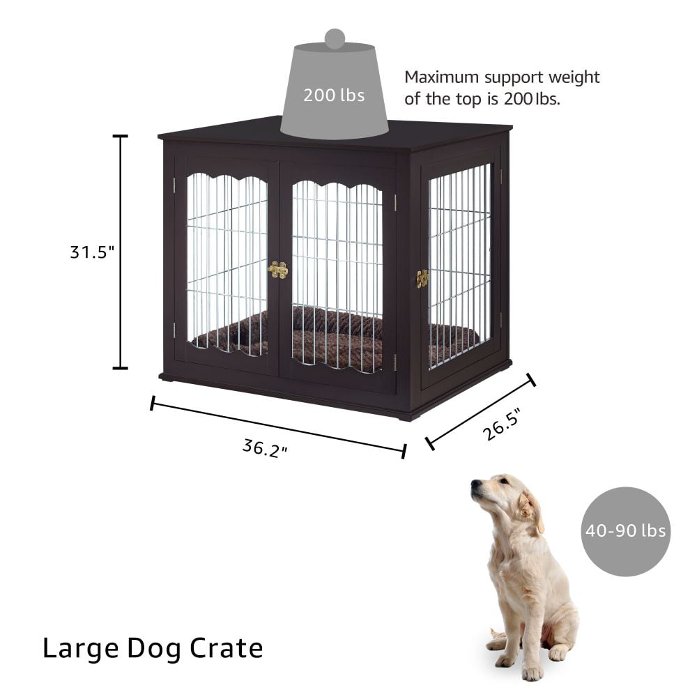 Unipaws Pet Crate Dog Bed End Table with Cushion， Wooden Wire Dog Kennels with Double Doors， Modern Design Dog House， Big Crate Indoor Use， Espresso