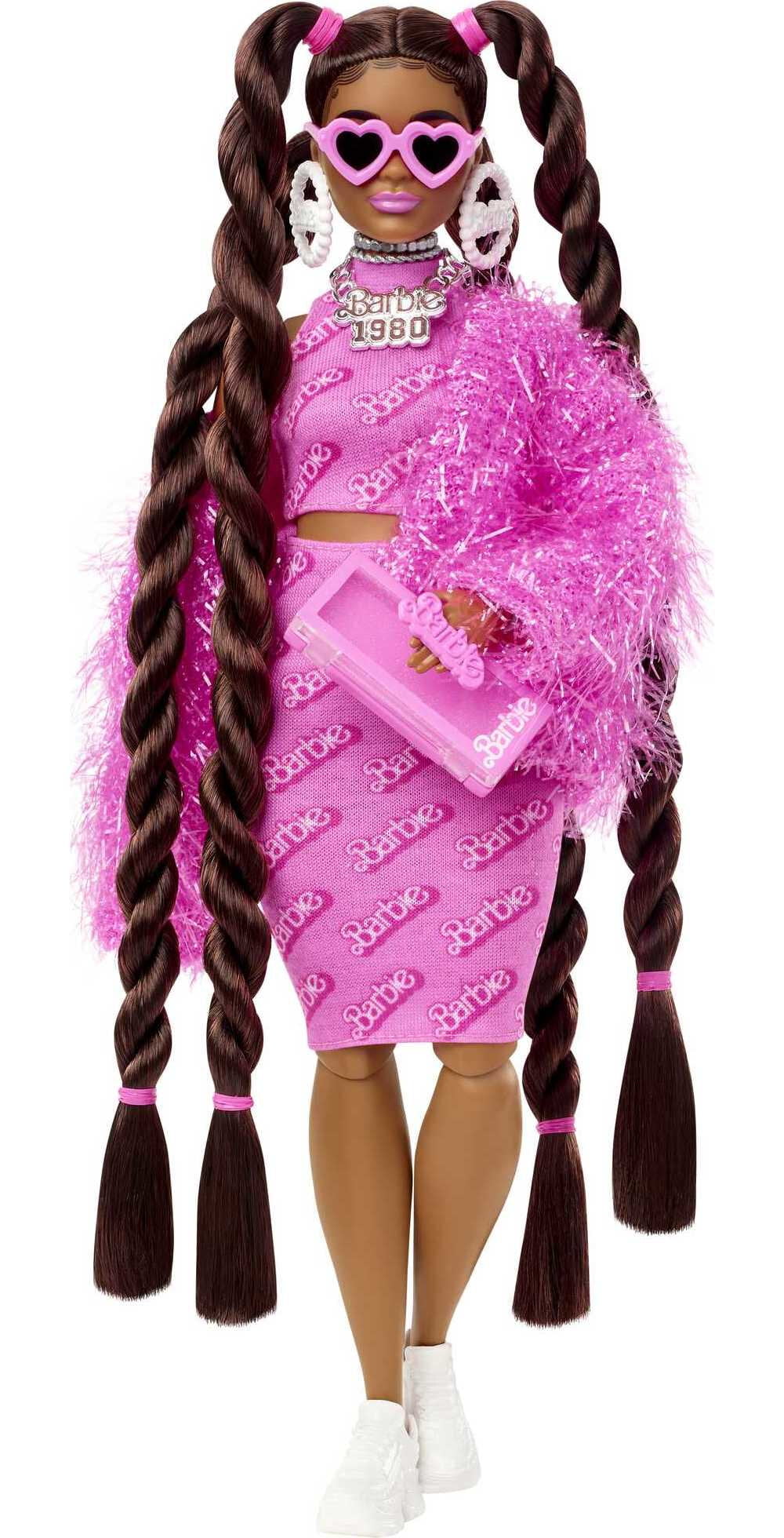 Barbie Extra Fashion Doll with Long Brunette Hair, Pink 2-Piece Outfit, Accessories & Pet