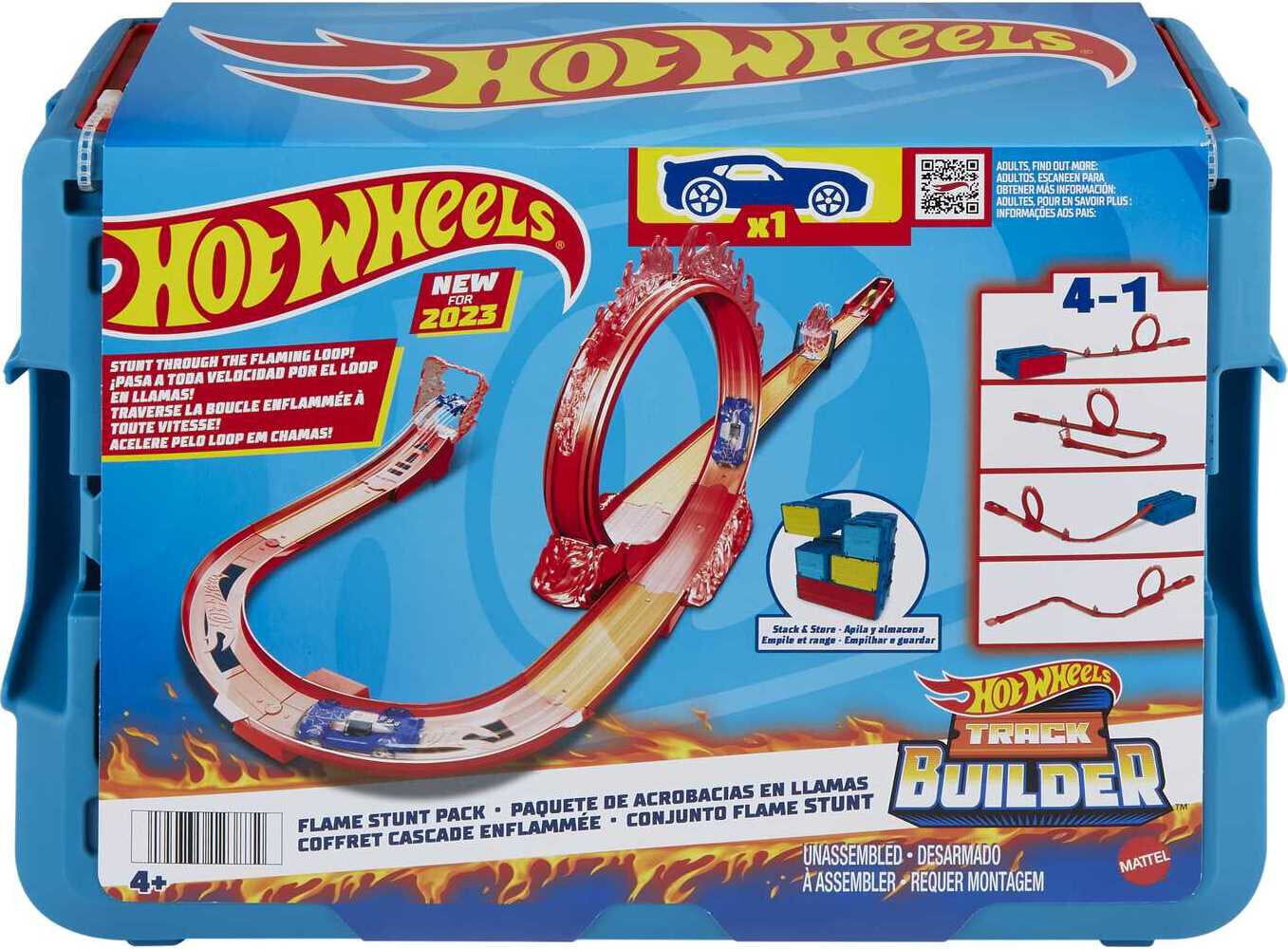 Hot Wheels Track Builder Flame Stunt Pack， Toy Car and Storage Container (16 Track Pieces)