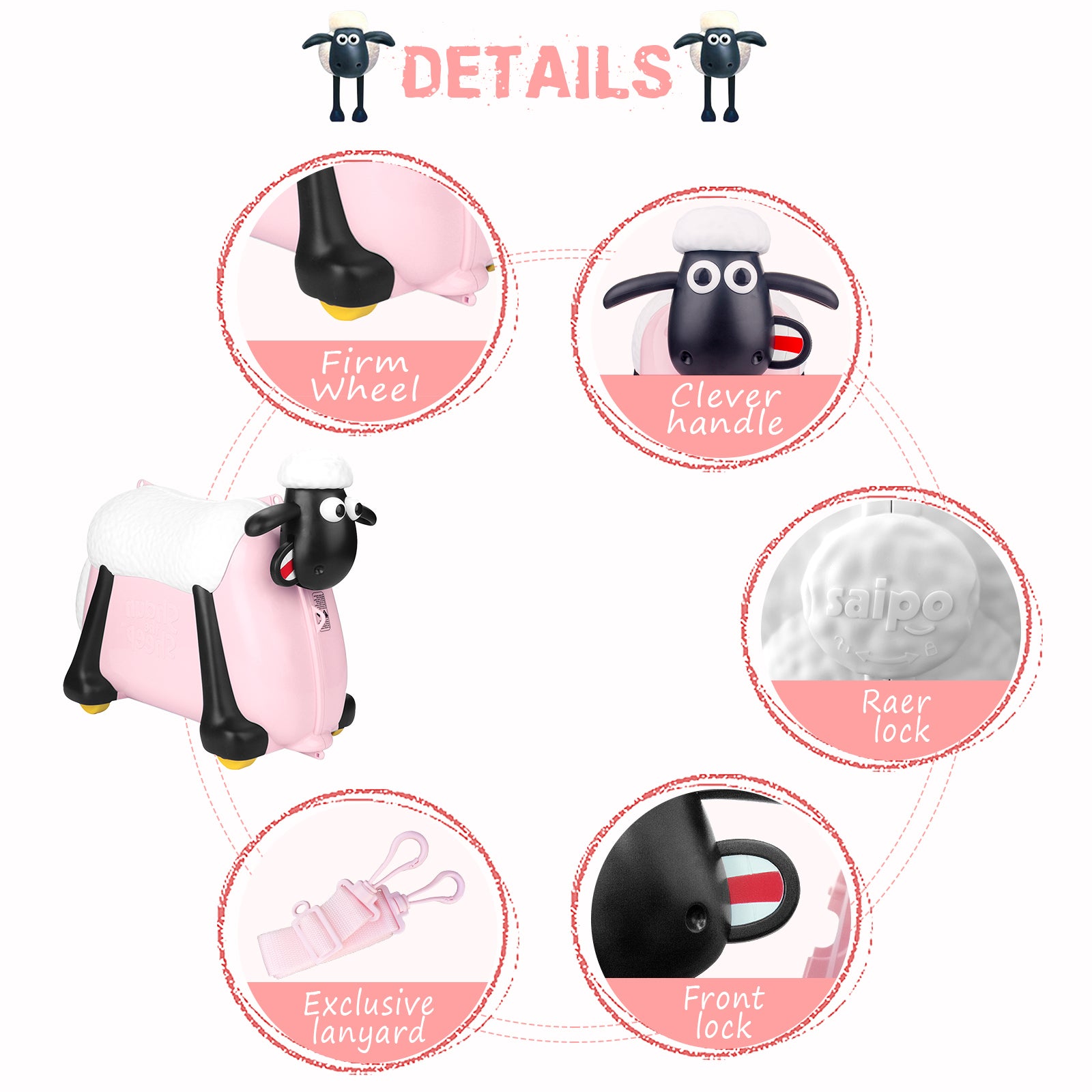 Shaun The Sheep Kids Ride on and Carry on Luggage Suitcase (Pink