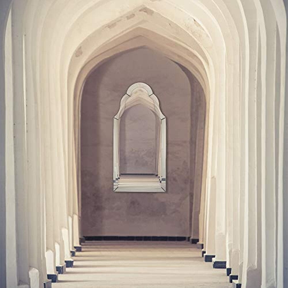 Designer Mirror Framed Vanity Mirror | Tall Rounded Top Mirrored Edge Premium Silver Backed Glass Panel (21