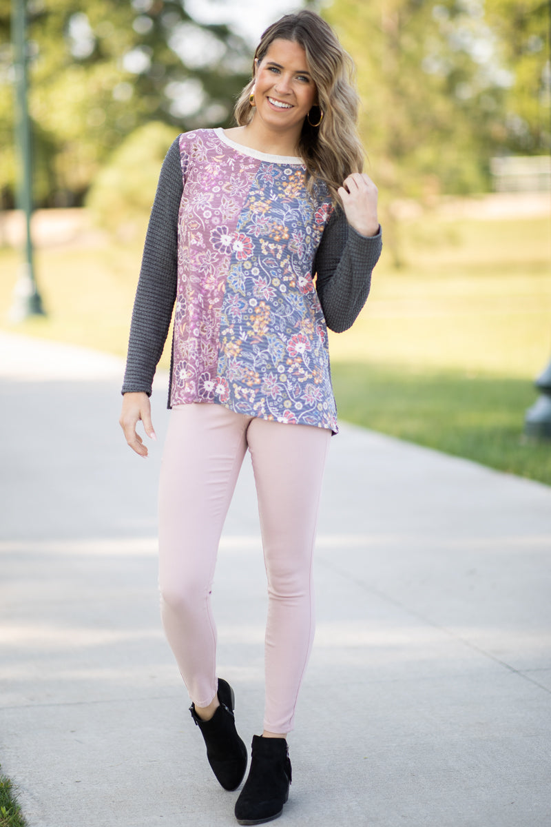 Charcoal Multicolor Paisley Floral Print Top