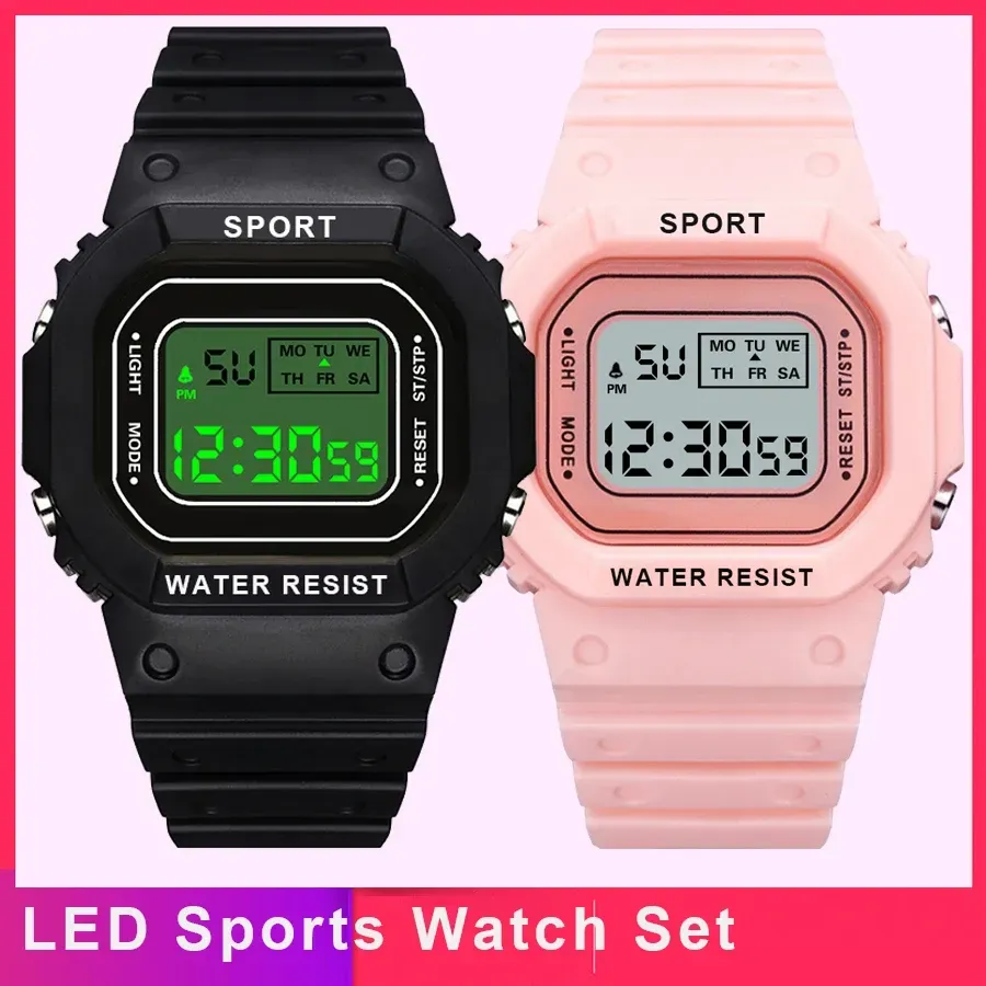 LIUYANGTIAN 1/2pcs LED Sports Watch Set for Boys Girls Student Electronic Watch Men Women Square Digital Watches Waterproof Rubber Clocks