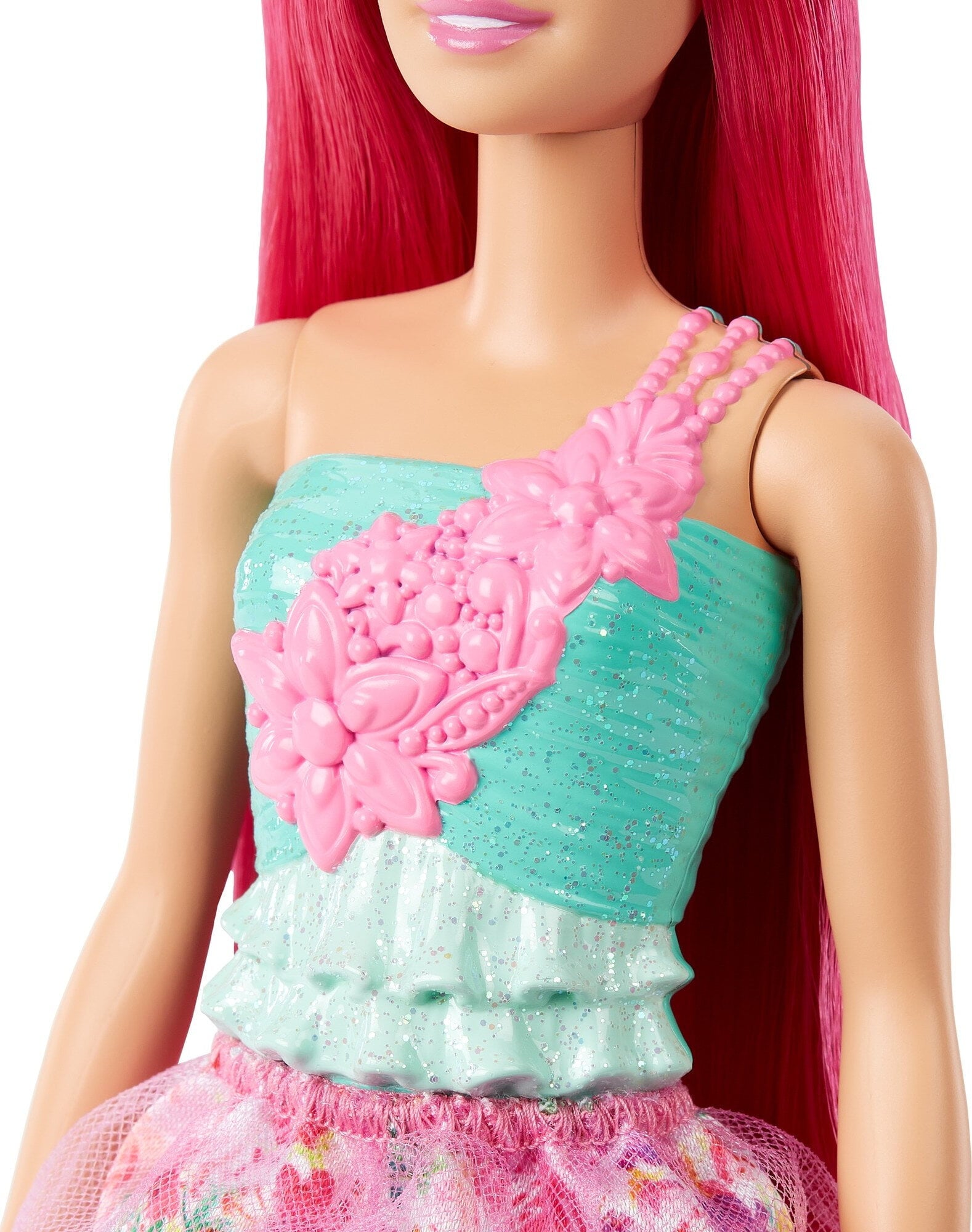 Barbie Dreamtopia Doll & Accessories, Dark Pink Hair with Floral Skirt, Shoes, Necklace & Tiara