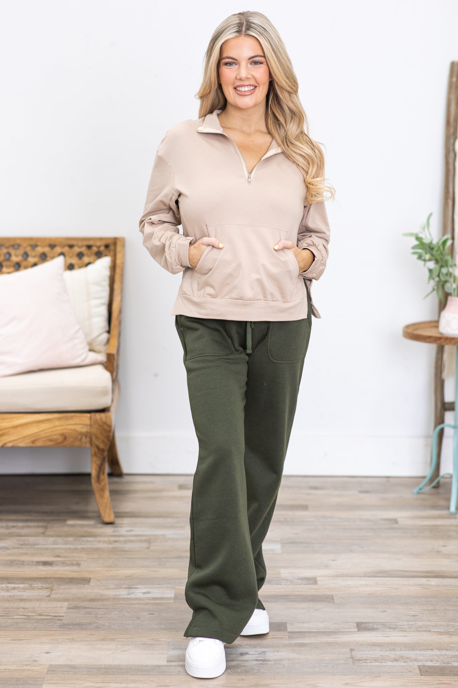 Beige Kangaroo Pocket Half-Zip Up Top