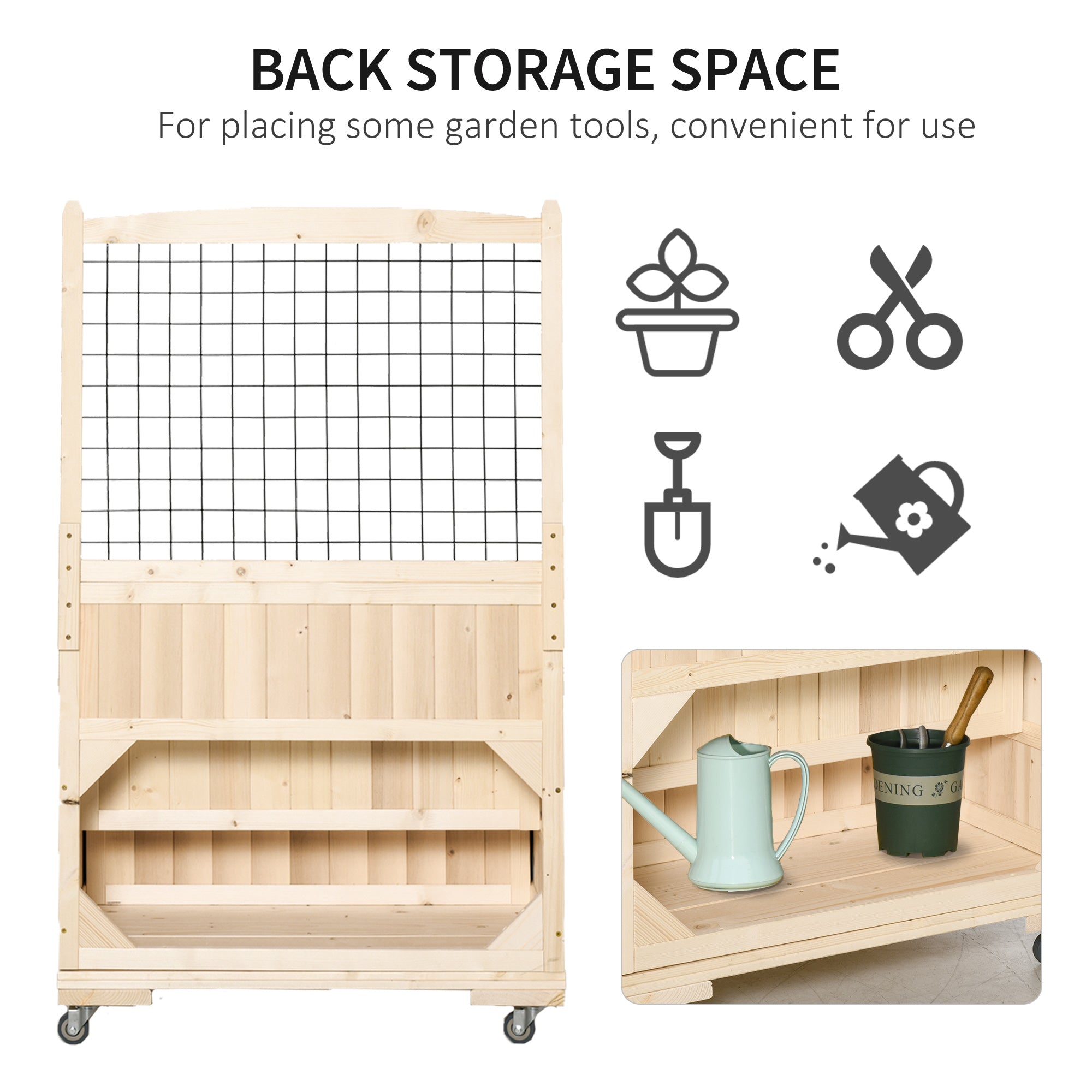 Outsunny 3-Tiers Wooden Raised Garden Bed w/ Wheels, Trellis, Back Storage Area