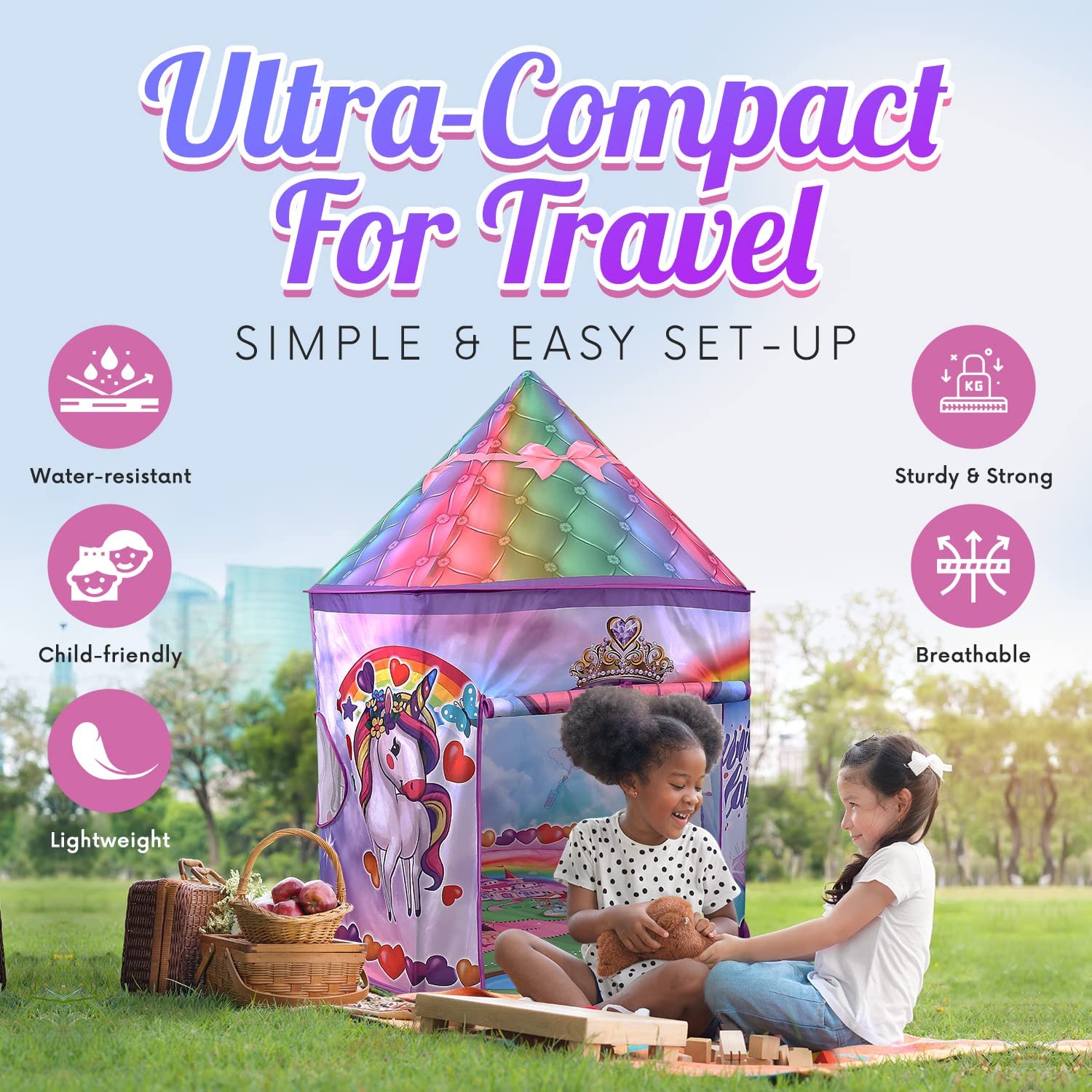 Homeries Unicorn Kids Tent - Sturdy, Large Play Tent Castle Set with Unicorn Chariot Toy & 8 Modes of Mystical LED Lights