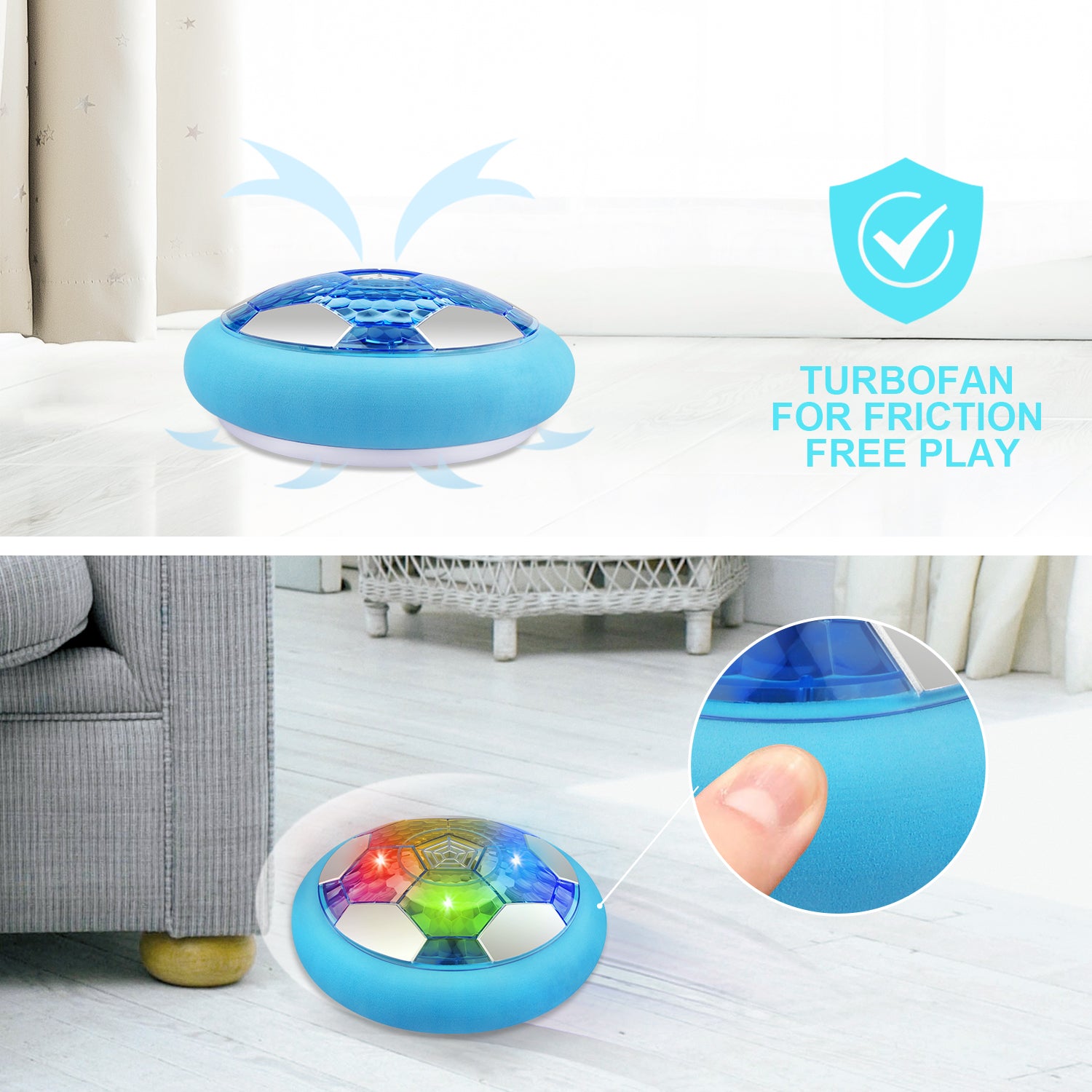 Growsly Soccer Set for Kids Boys Toddler 2-8 Years Old Hover Soccer Ball with 2 Goals， Electric LED Light， Light Blue