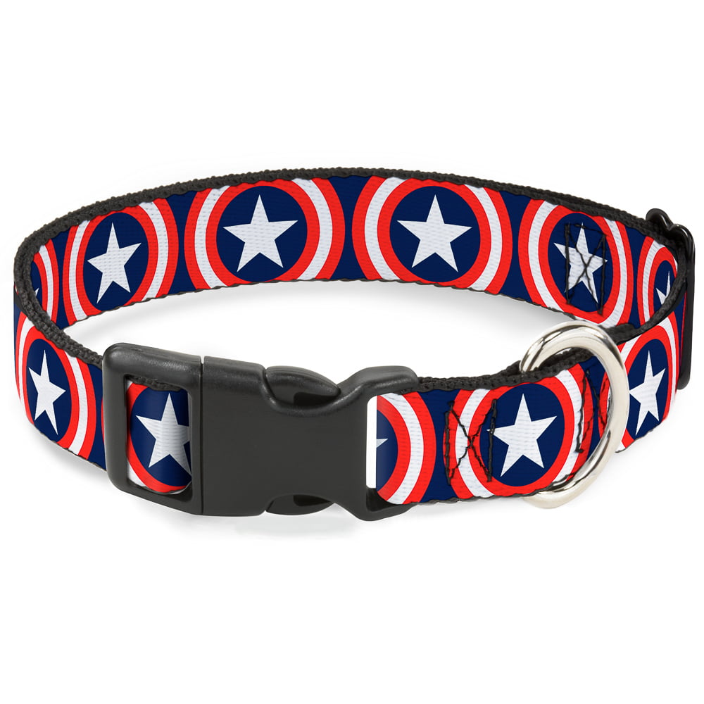 Marvel Comics Pet Collar， Dog Collar Plastic Buckle， Captain America Shield Repeat Navy， 7 to 8.5 Inches 0.5 Inch Wide