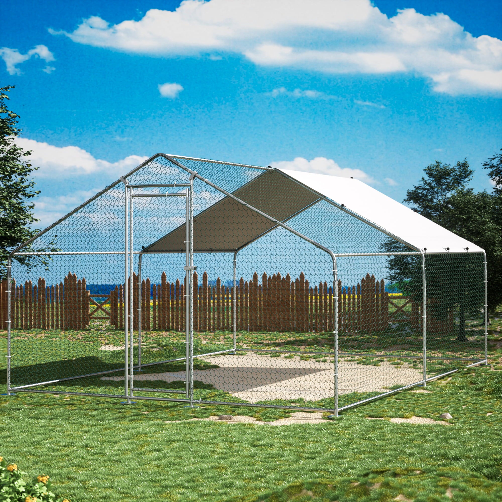 TOETOL Large Metal Chicken Coop， Walk in Poultry Cage Chicken Run with PE Cover