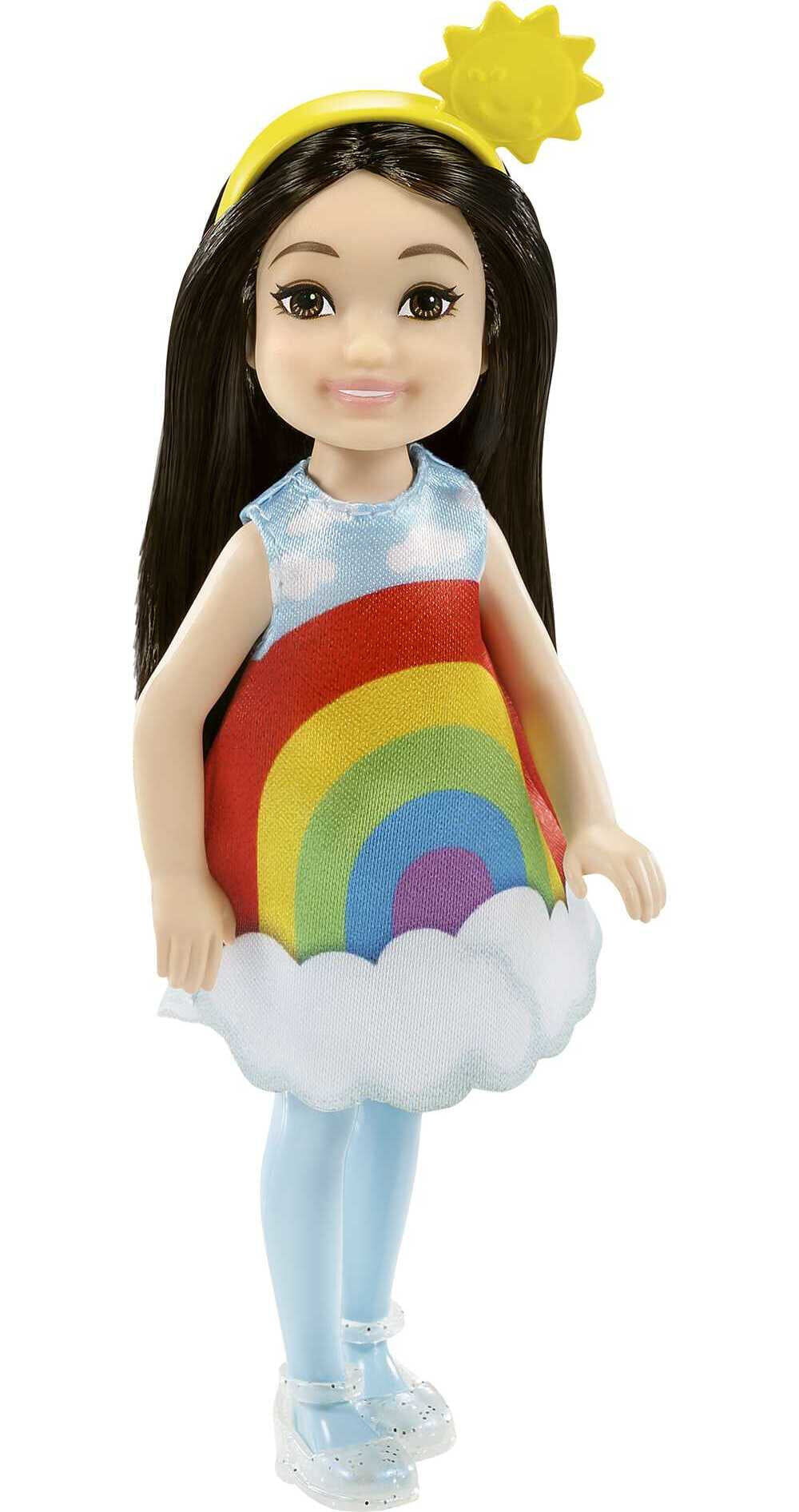 Barbie Chelsea Doll, Brunette Small Doll with Rainbow Costume, Pet Kitten, Charm & Accessories