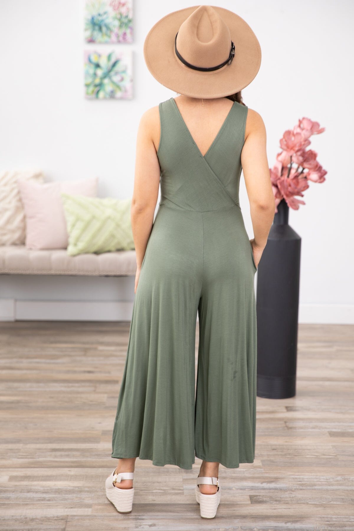 Olive Surplice Front Wide Leg Jumpsuit