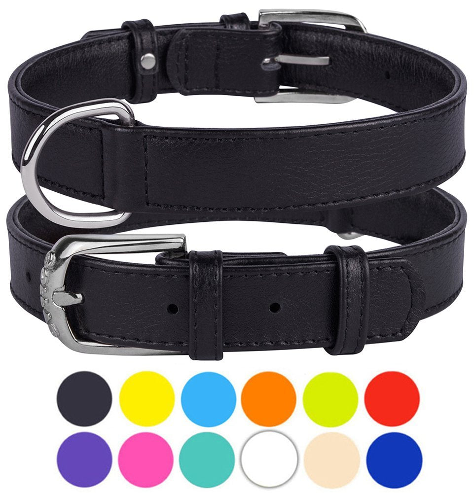 Leather Dog Collar Puppy Collars for Medium Dogs Soft Padded， Black