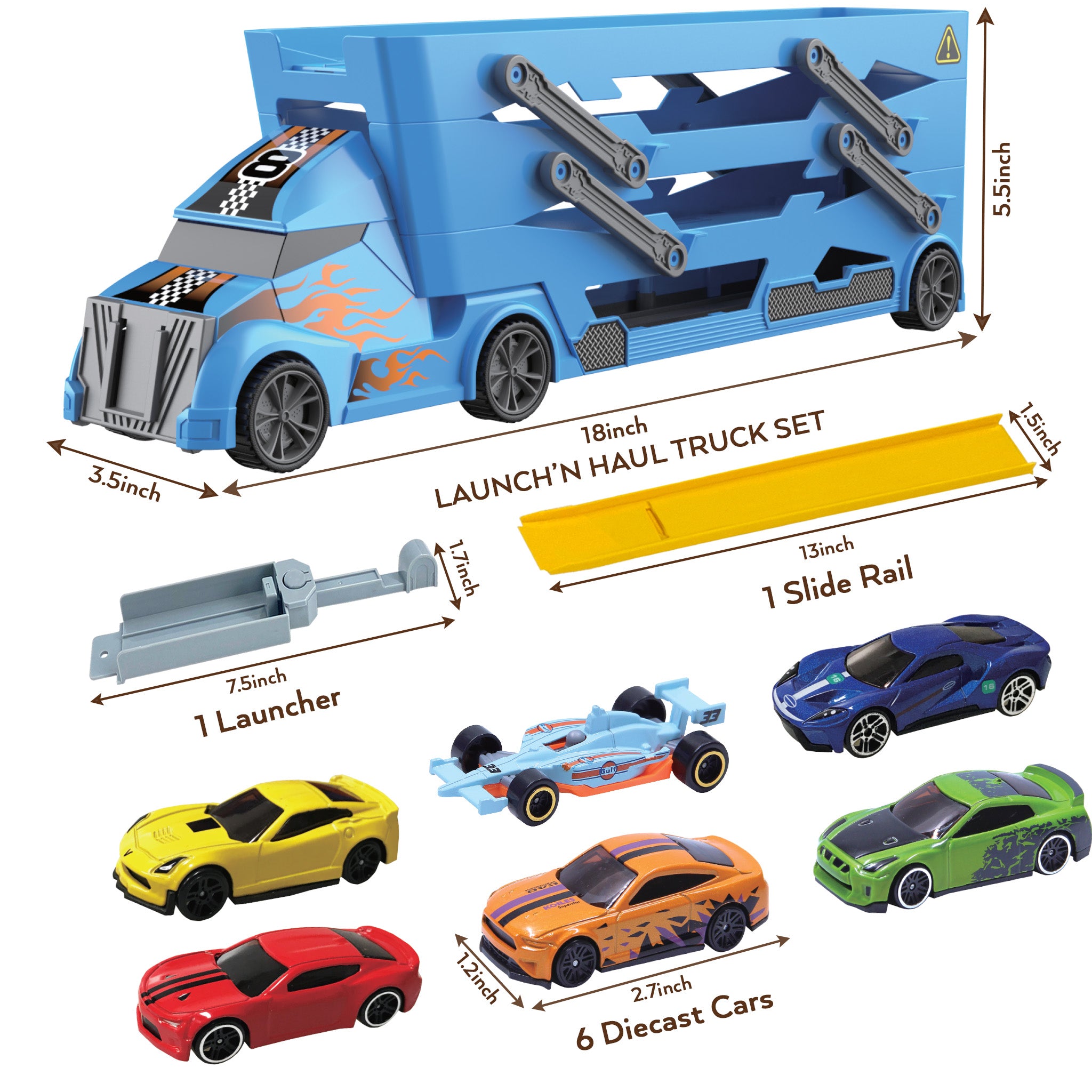 TOYLI Vehicle Playset Toy Car Hauler Carrier Truck with Track， Launcher， 6 Metal Die-Cast Vehicles， for Boys Girls Toddlers