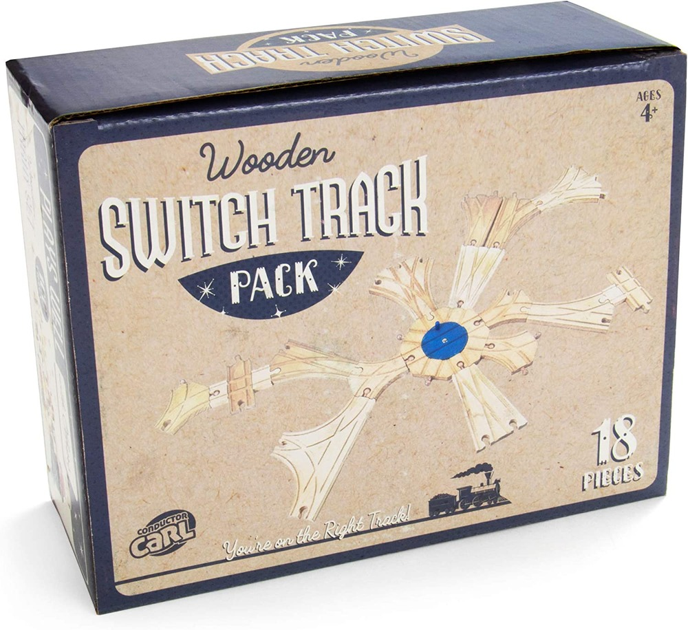 Switch Track Wooden Train Set (18 pcs.) - 8 Way Turntable Rail Station Accessory， Curved Switch Tracks， Basic and Advanced Pieces - Expansion Compatible with All Major Classic Toy Train Hobby Brands