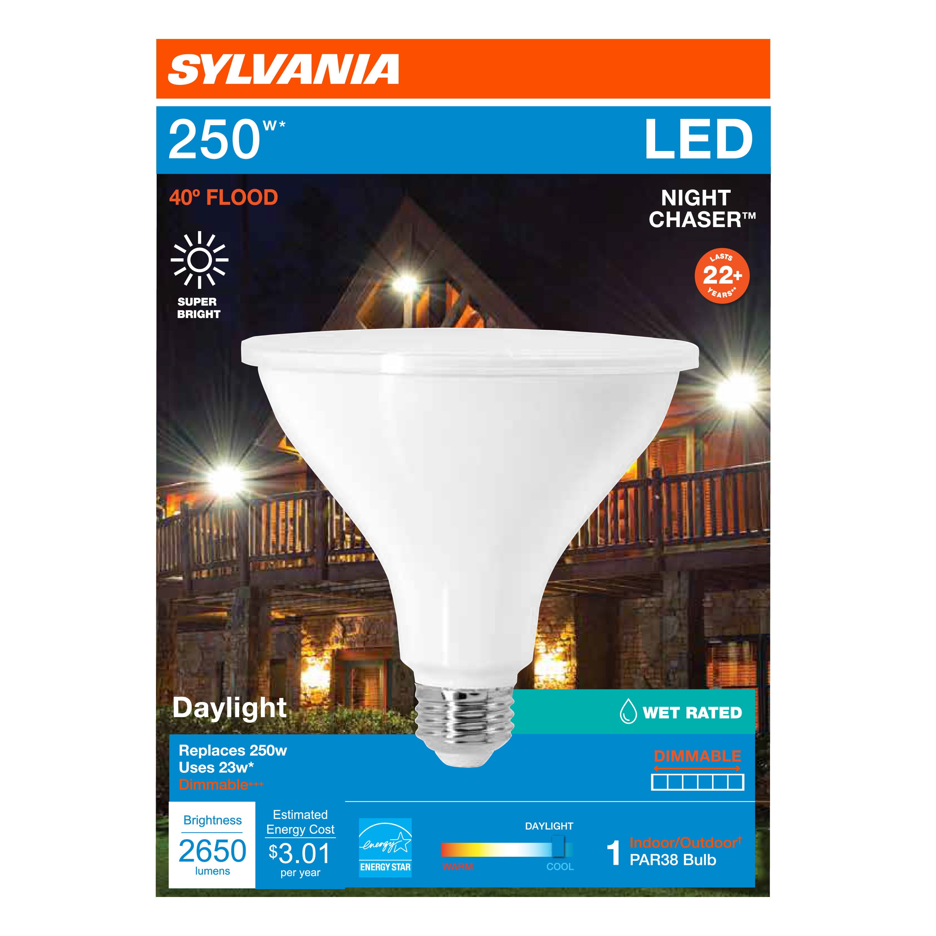 SYLVANIA PAR38 Night Chaser LED Light Bulb 25W， 2650 Lm， 40* Beam Spread， Dimmable， 81CRI， 2650 Lumen， 5000K， 25000 Life