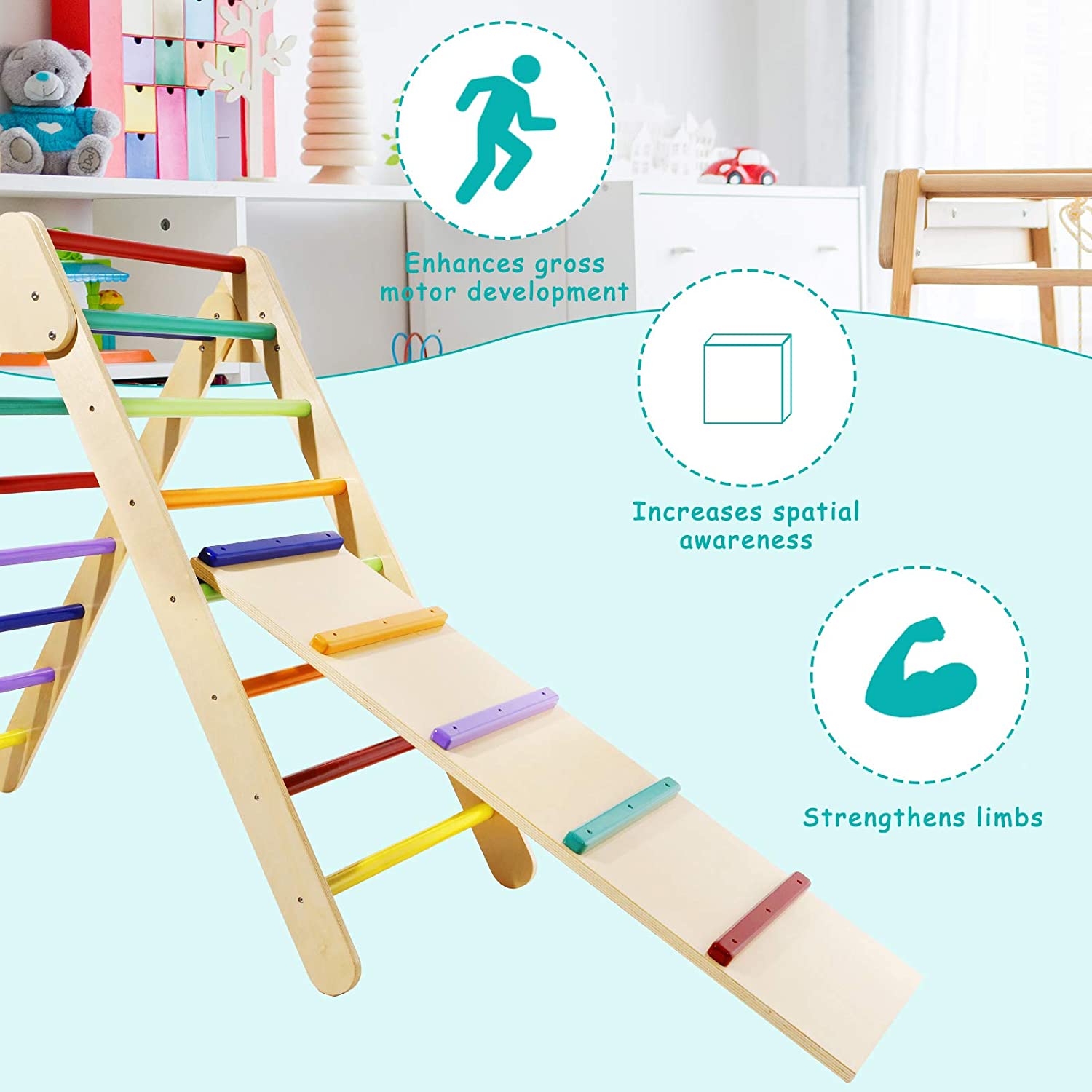 LAZY BUDDY Foldable Climbing Triangle with Ramp， Wooden Climber Ladder Indoor Outdoor Sliding Climbing Toy for Kids 2-7 Years