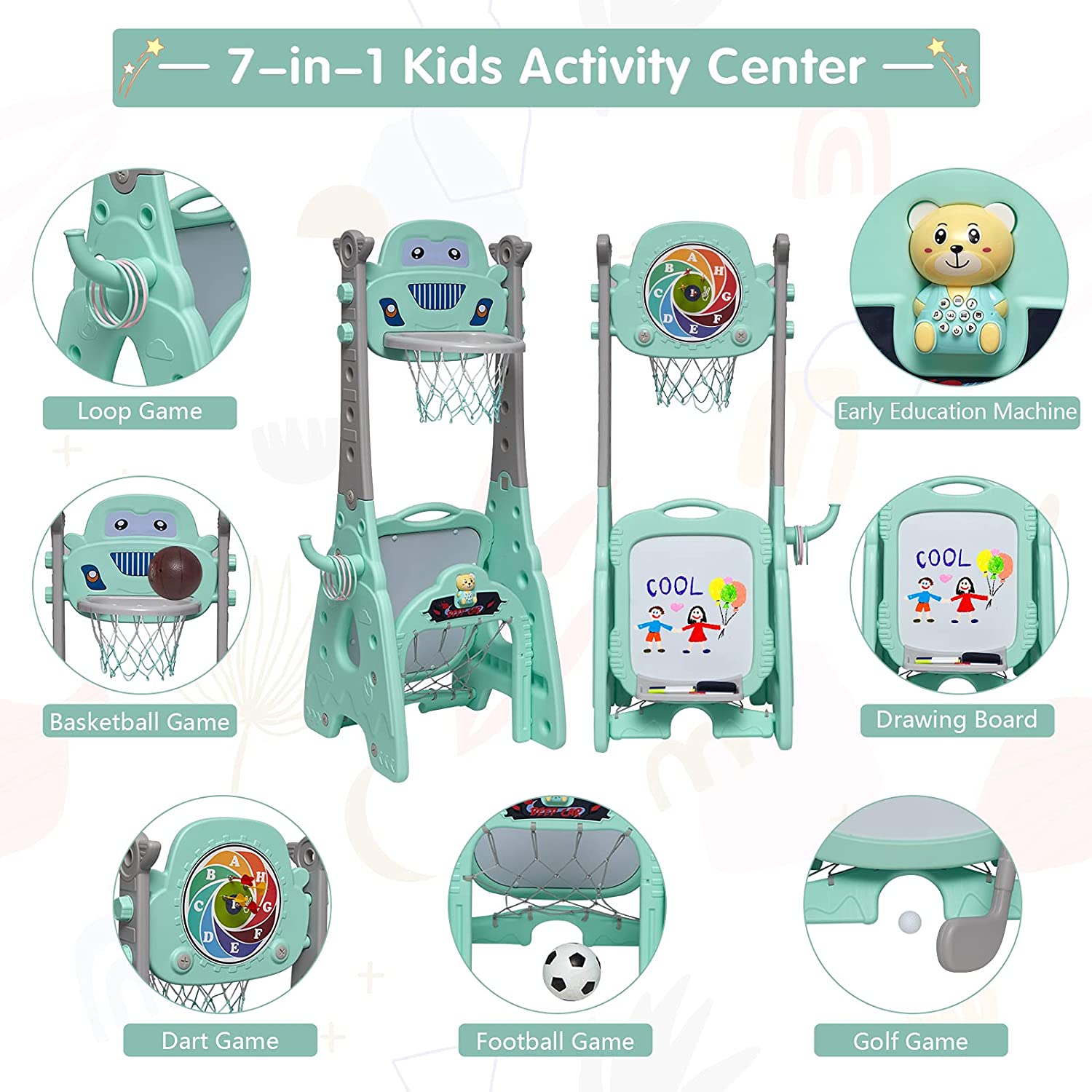 Kinbor Kids 7 in 1 Basketball Hoop Set  with Soccer Goal， Music Box for 3-7 BoysandGirls