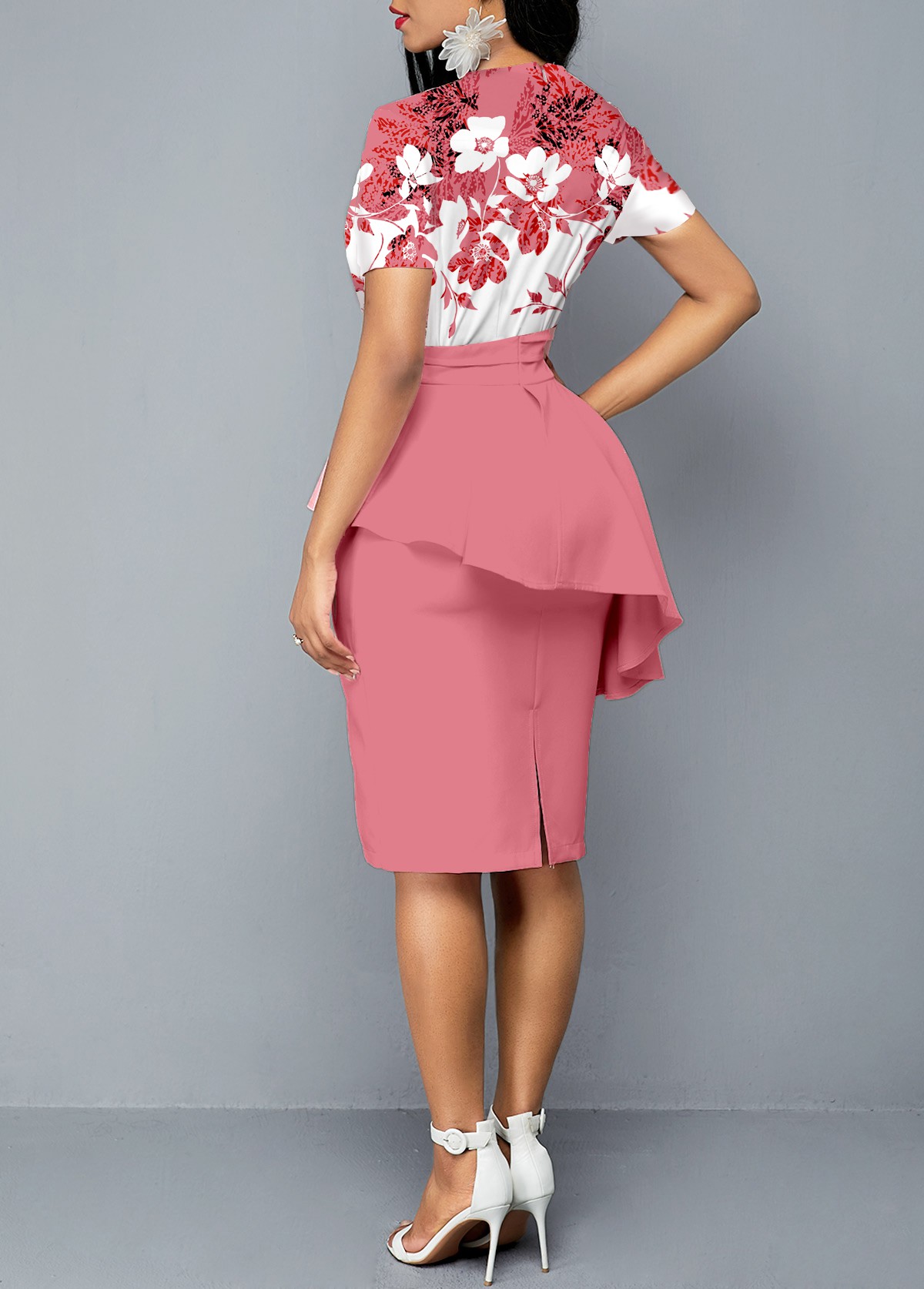 Floral Print Short Sleeve V Neck Dress