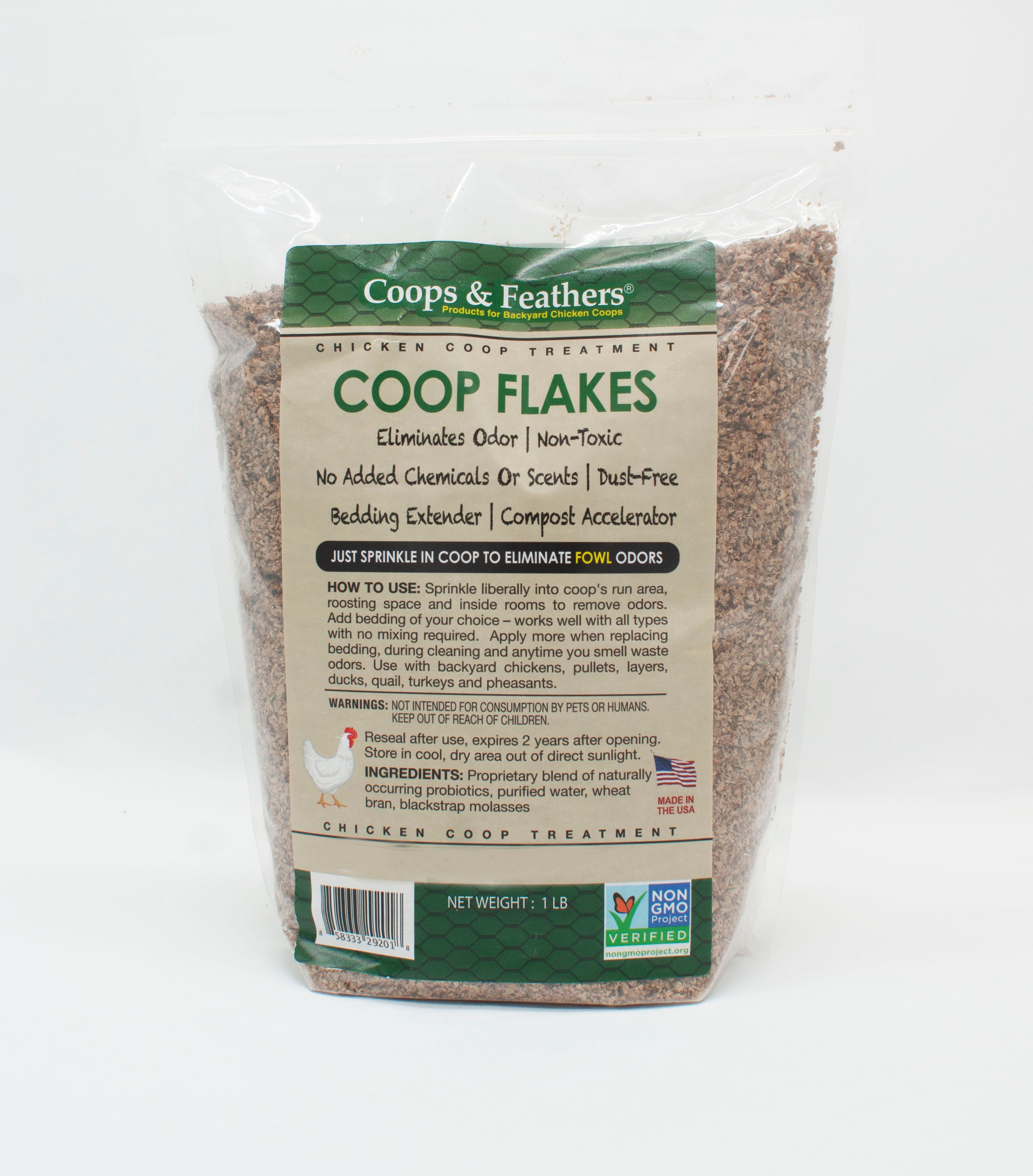 Coops and Feathers Premium Chicken Coop Flakes-1 pound -Eliminates Odor|Non-Toxic|Dust-Free