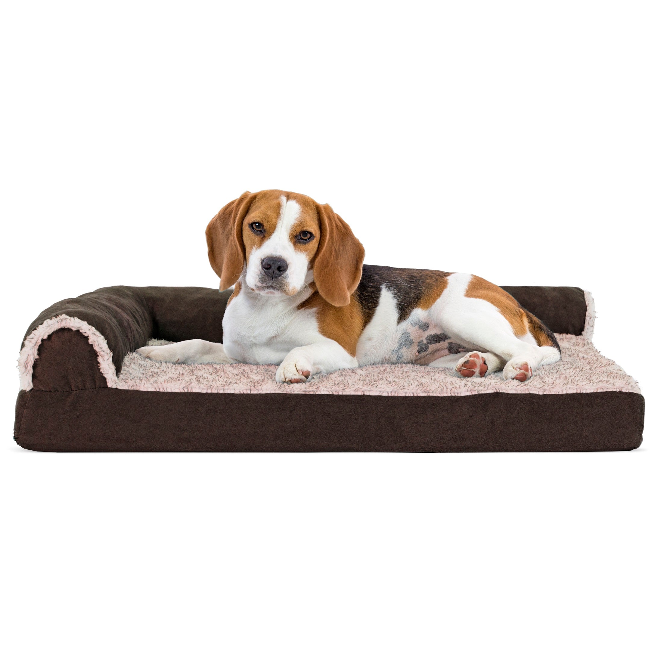 FurHaven | Deluxe Cooling Gel Faux Fur and Suede L-Chaise Lounge Pet Bed for Dogs and Cats， Espresso， Medium