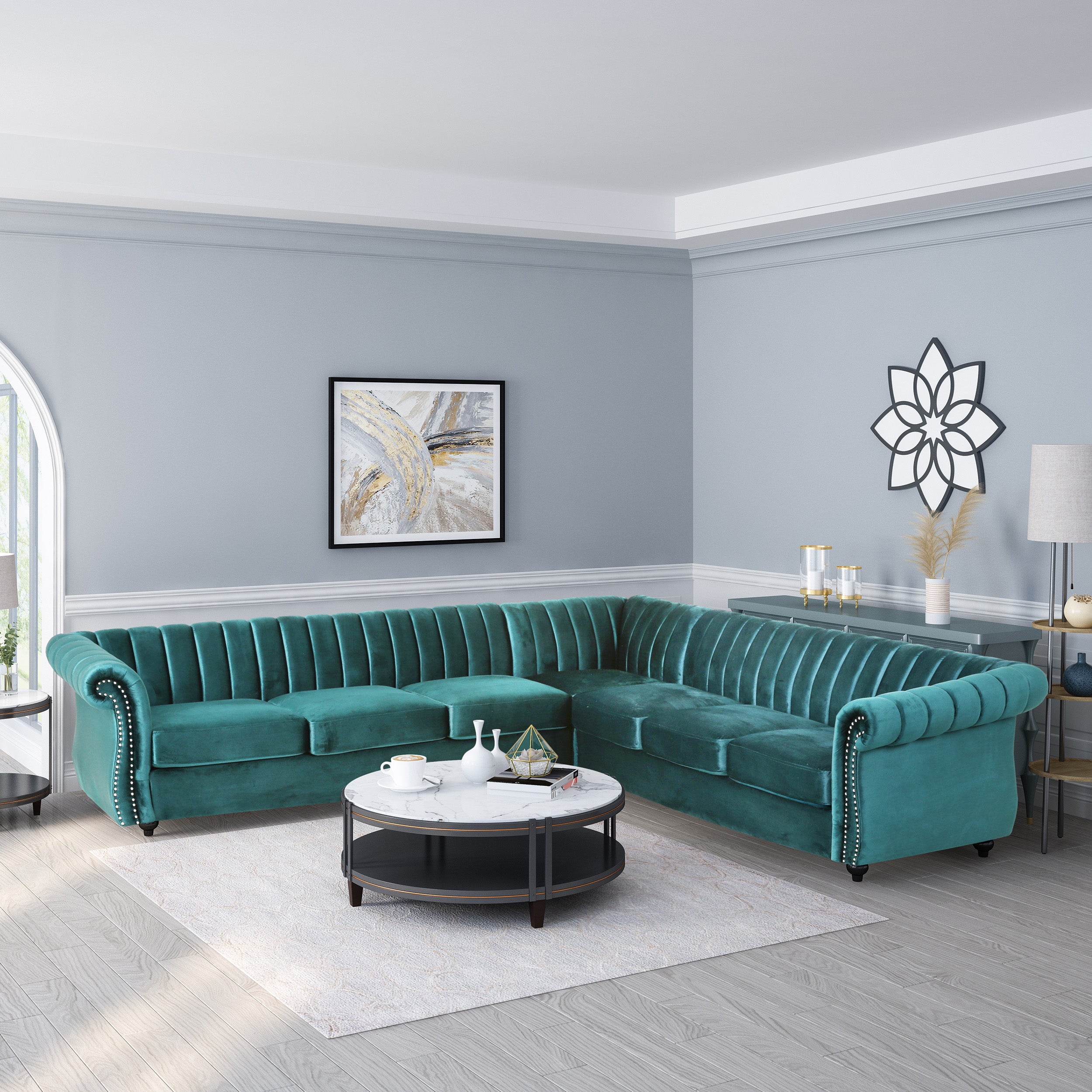 Jenera Modern Glam Velvet Channel Stitch Sectional Sofa Set