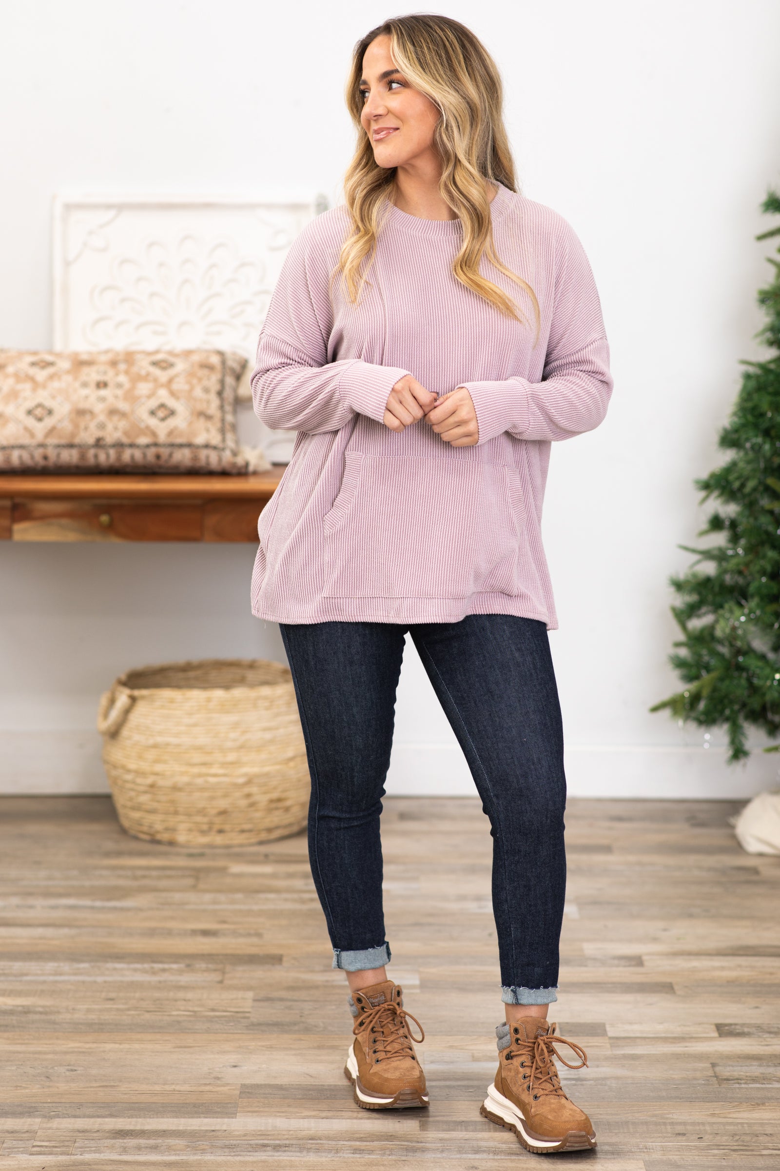 Dusty Rose Ribbed Round Neck Top