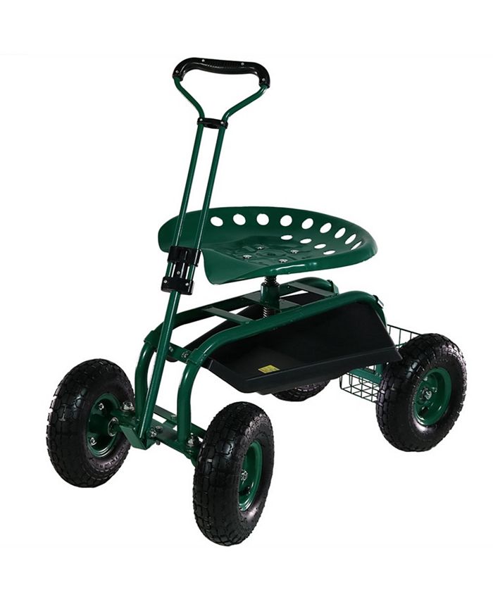 Sunnydaze Decor Steel Rolling Garden Cart with Extended Swivel Basket - Green