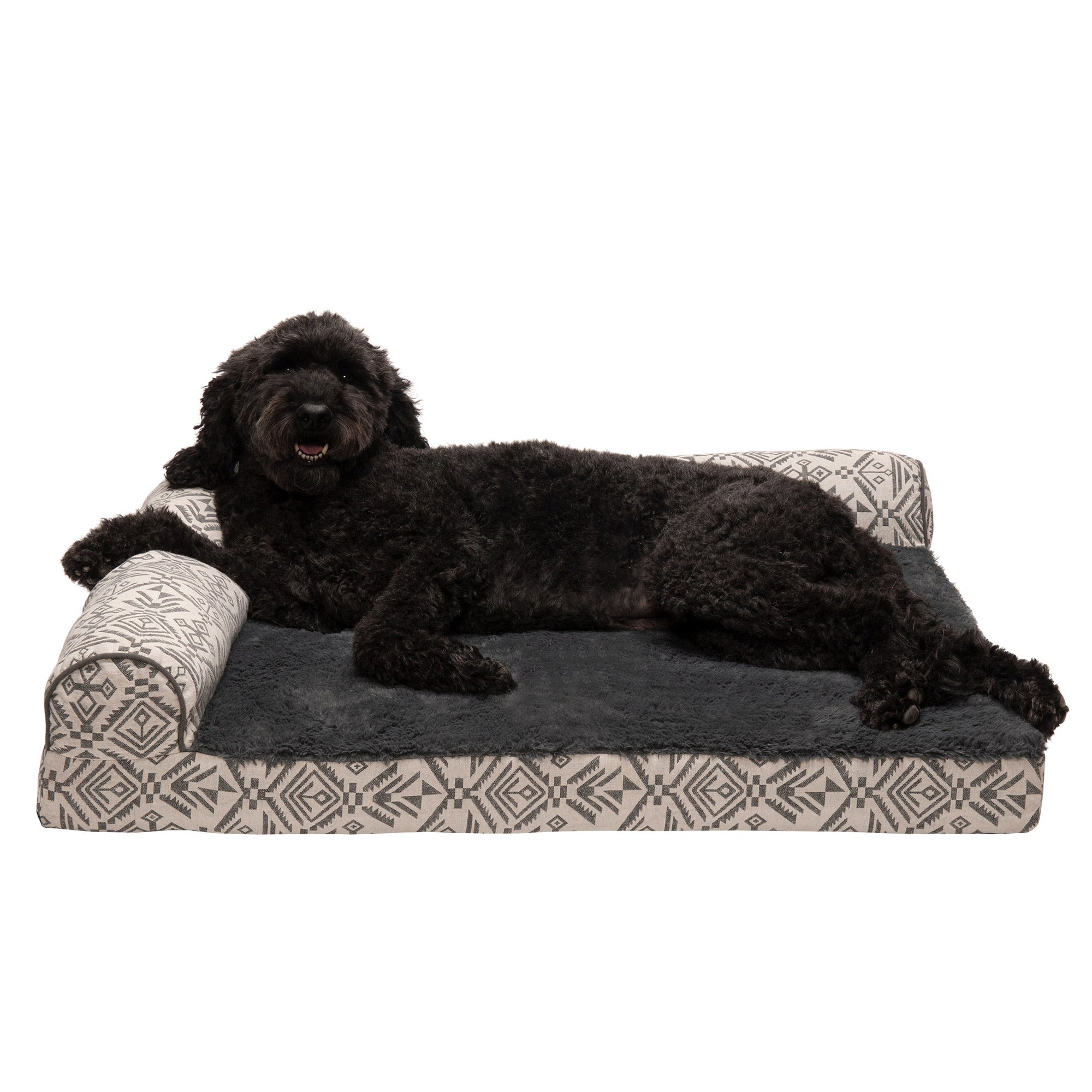 FurHaven Pet Dog Bed | Deluxe Memory Foam Southwest Kilim L-Shaped Chaise Couch Pet Bed for Dogs and Cats， Boulder Gray， Large