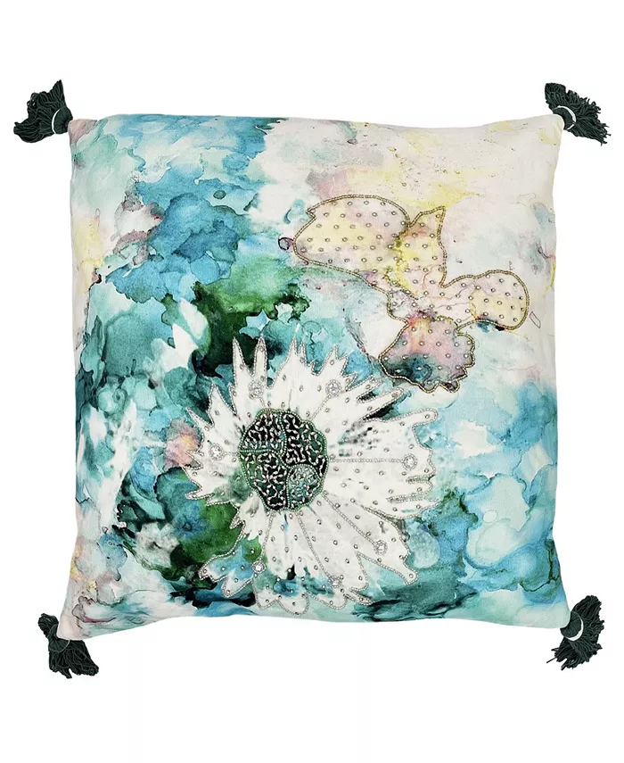 Mod Lifestyles Watercolor Floral Embroidery with Tassels Pillow， 20