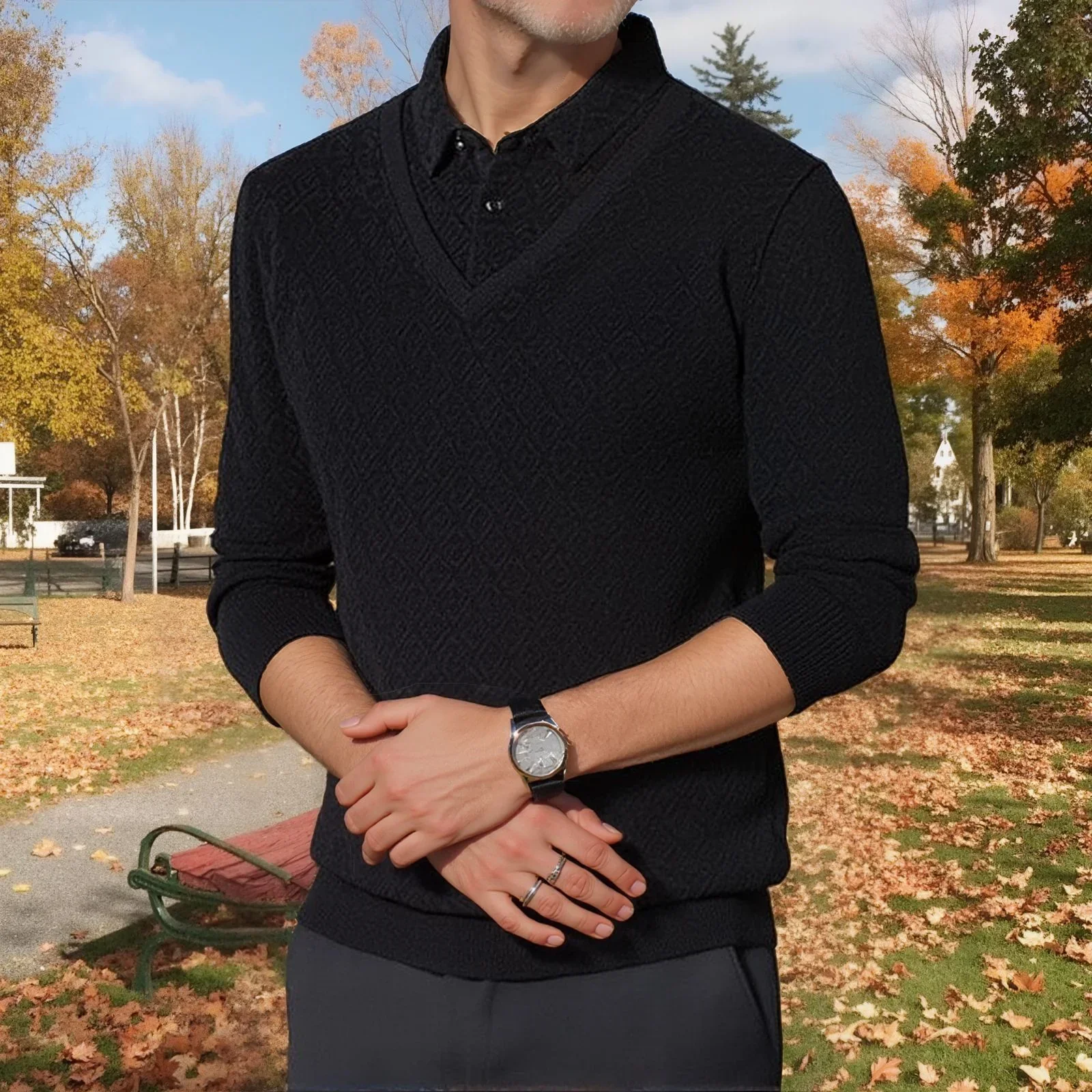 Camisa Winston™ com Suéter Embutido e Textura Trançada / Efeito Sobreposto com Estilo e Refinamento em Uma Só Peça!