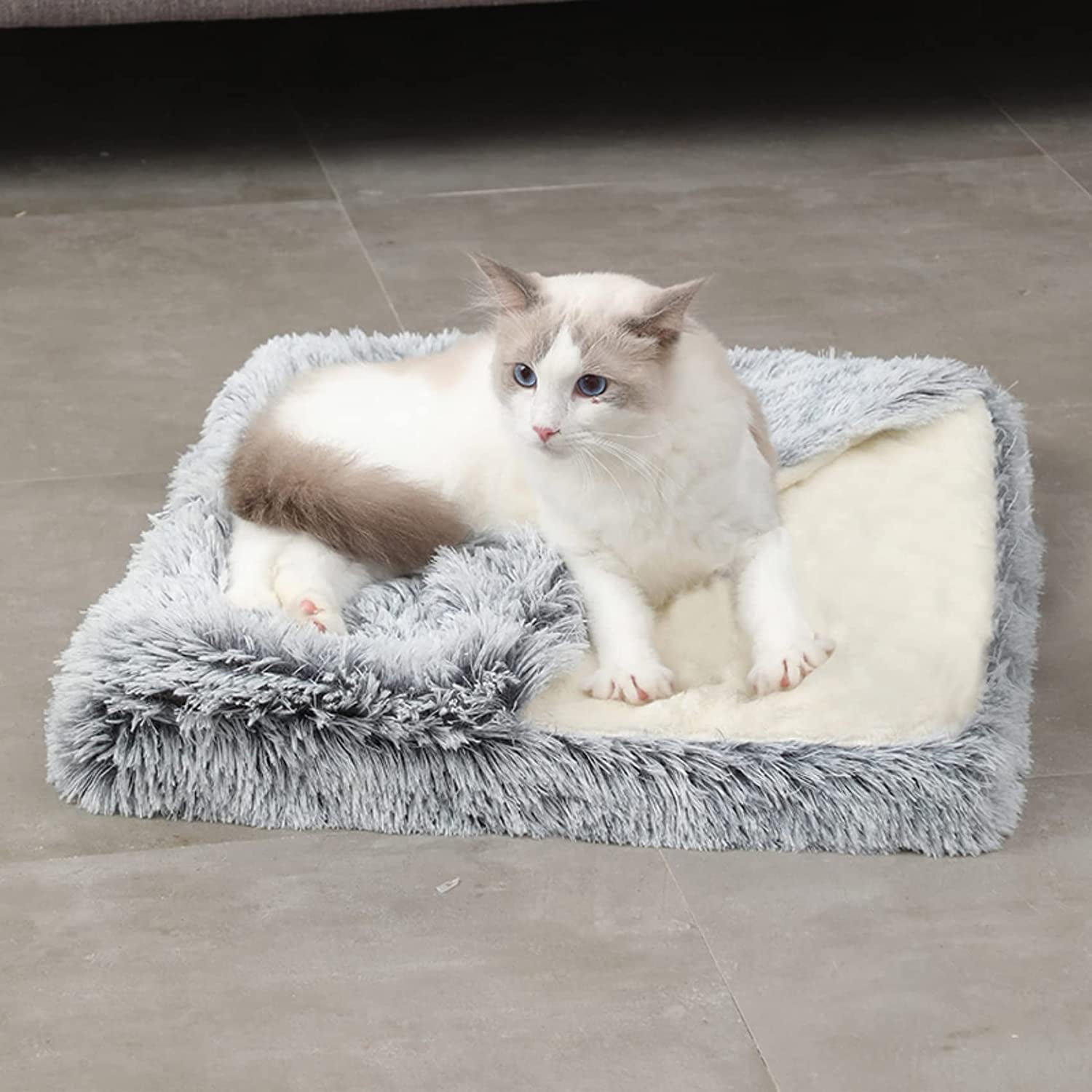 Cat Bed with Blanket Attached，33.5*27.6’’ Small Pet Dog Bed，Cozy Cuddler Mat for Puppy Cat with Washable Cover (Gray-White)