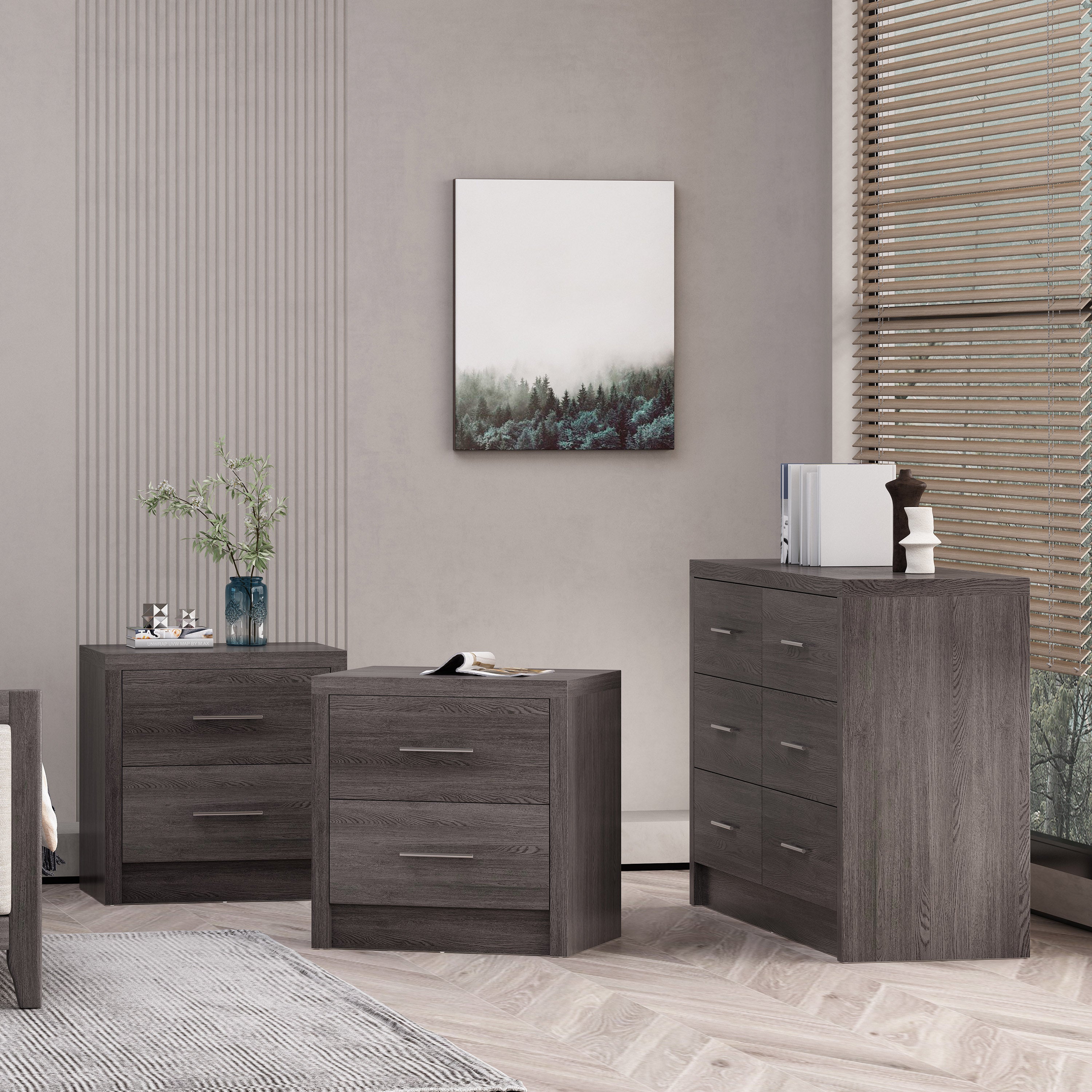 Marlette Modern 3 Piece Double Dresser and Nightstand Bedroom Set