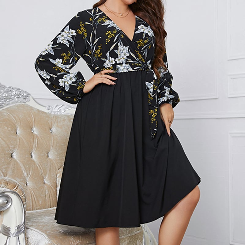 Women's Plus Size Casual Dress Floral V Neck Long Sleeve Fall Winter Casual Midi Dress Causal Daily Dress
