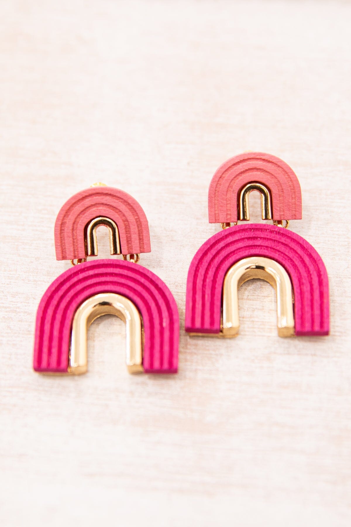 Hot Pink and Gold Rainbow Shape Wood Earrings