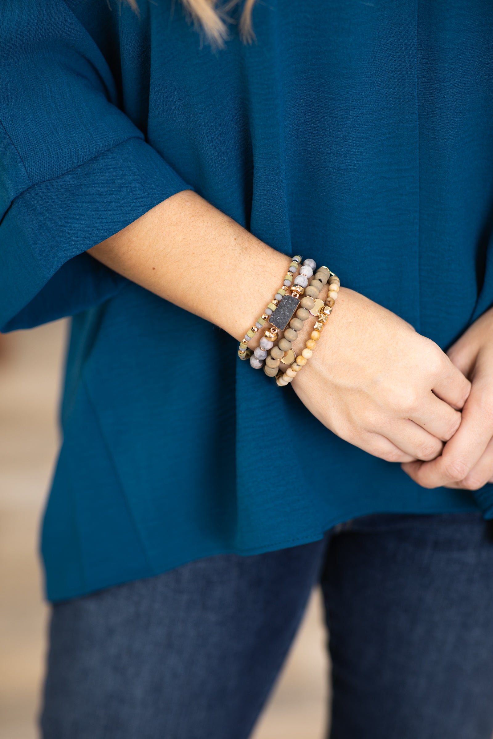Olive and Tan Wooden Bead Bracelet Set