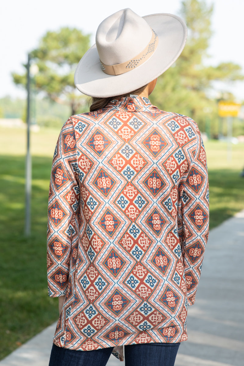 Orange and Teal Multicolor Aztec Cardigan
