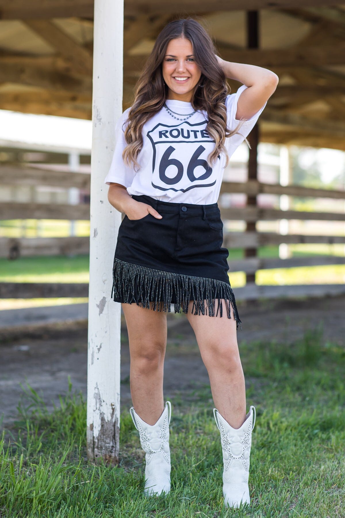 Black Denim Skirt With Fringe Detail
