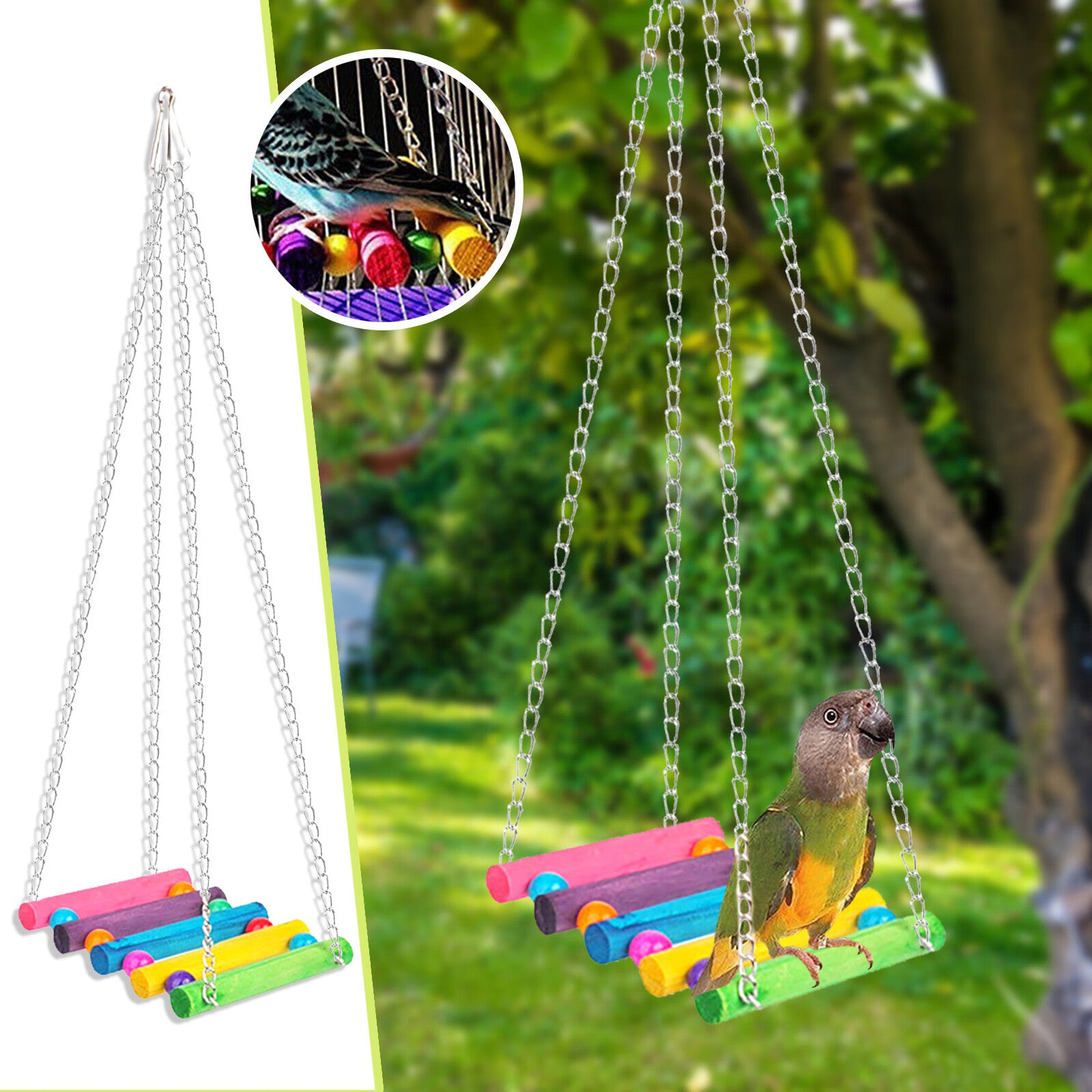 Sehao Parrot Toy Set Swing Bell Dangling Wooden Chew Colorful Pet Toys Multicolor PVC