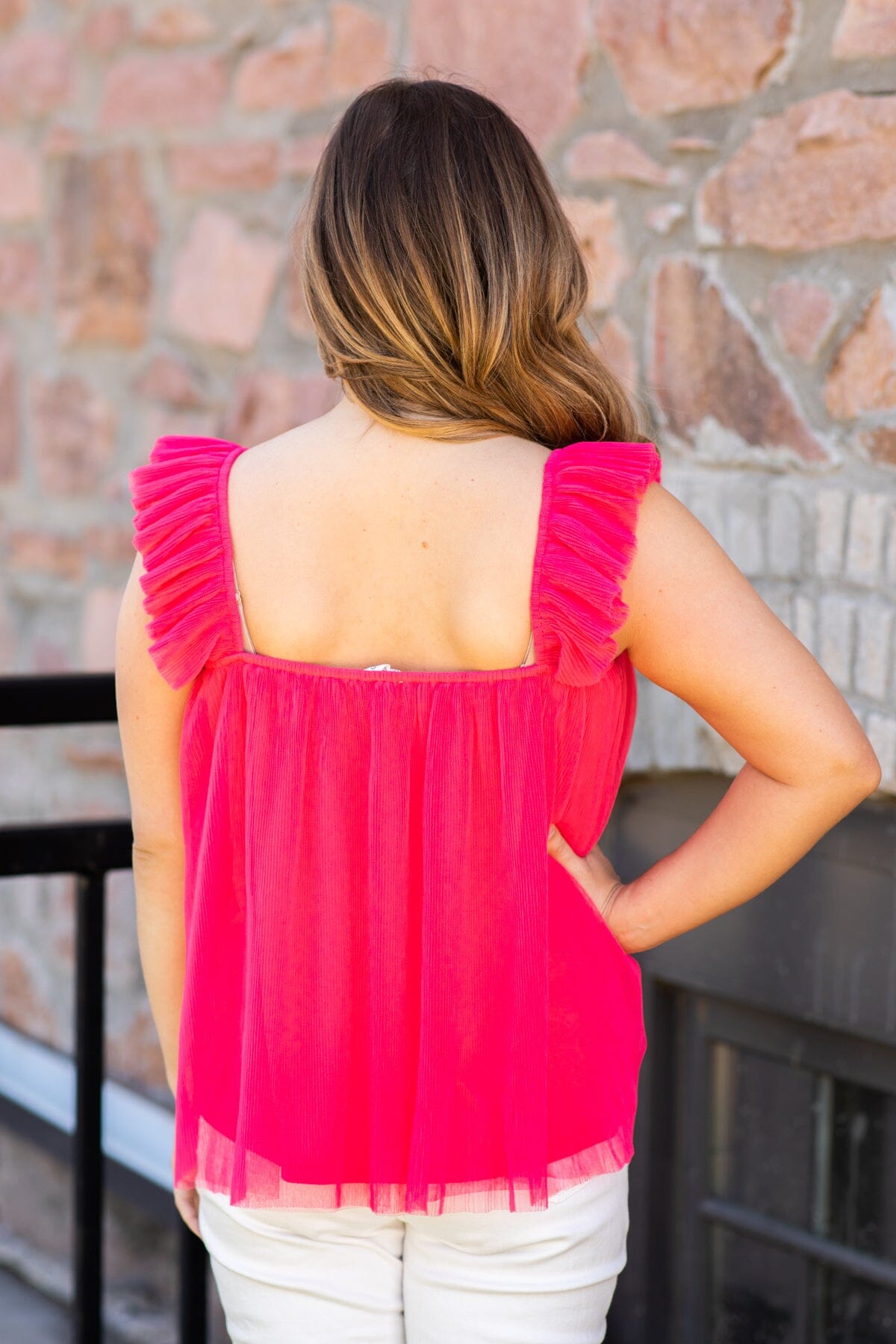 Hot Pink Tulle Ruffle Trim Tank