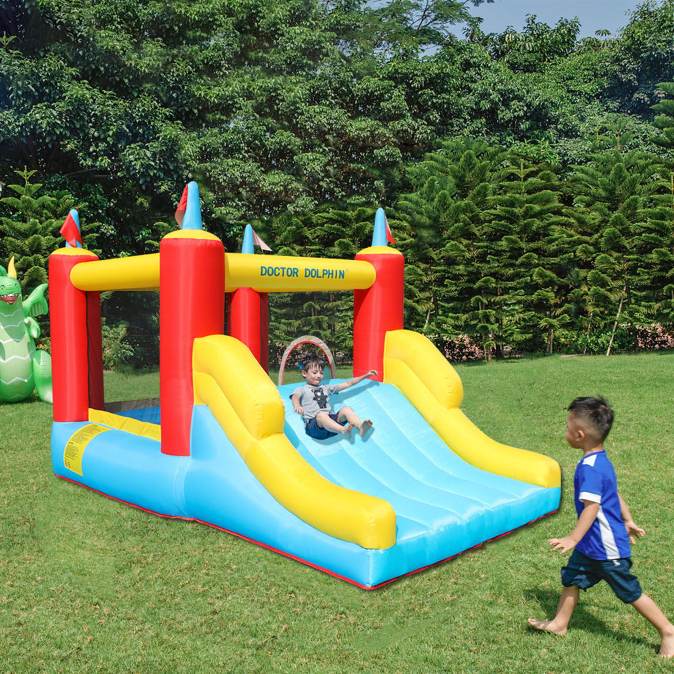 Doctor Dolphin Inflatable Bounce House with Wide Water Slide Kids Water Park with Blower for Backyard Party