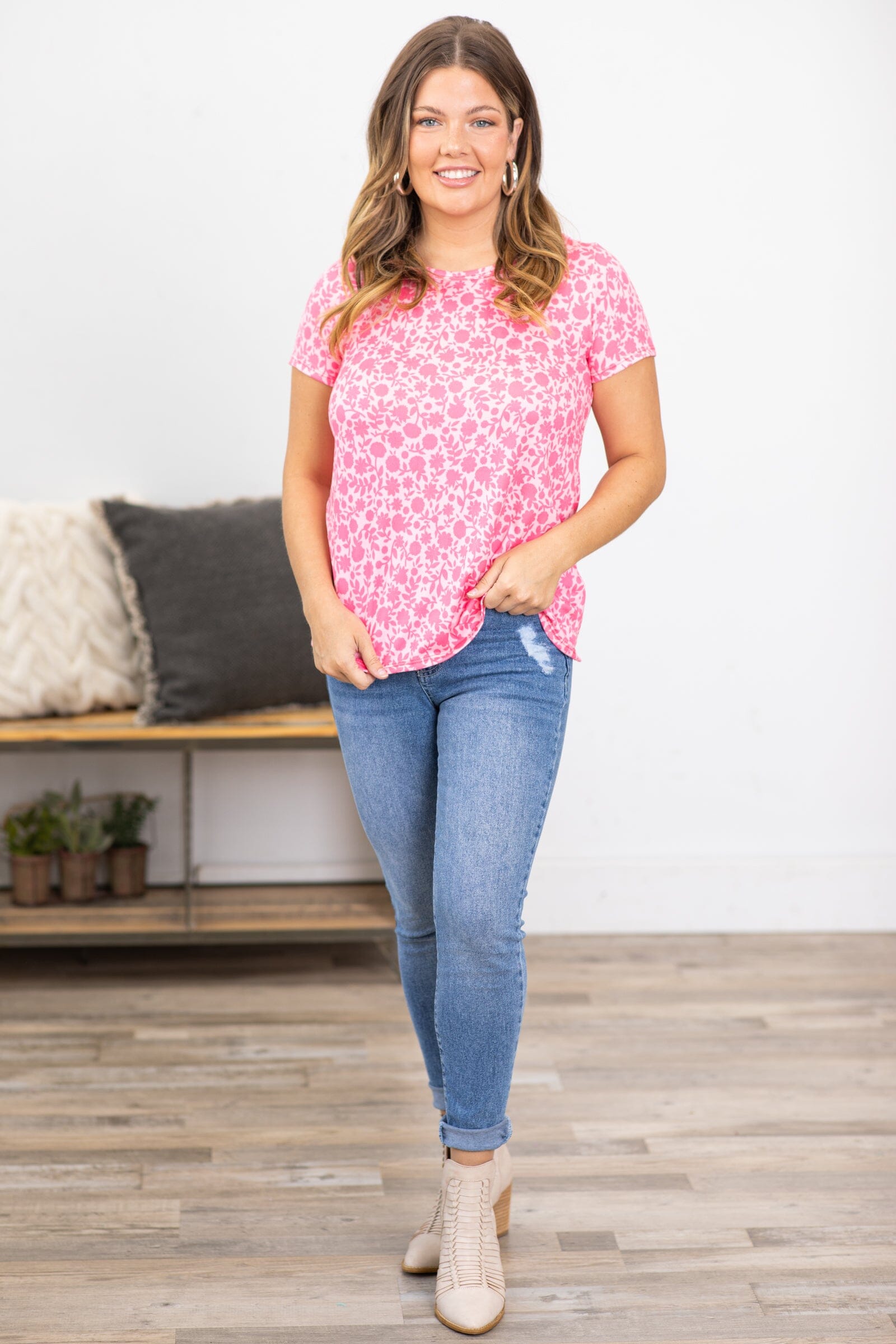 Pink and Blush Floral Short Sleeve Top