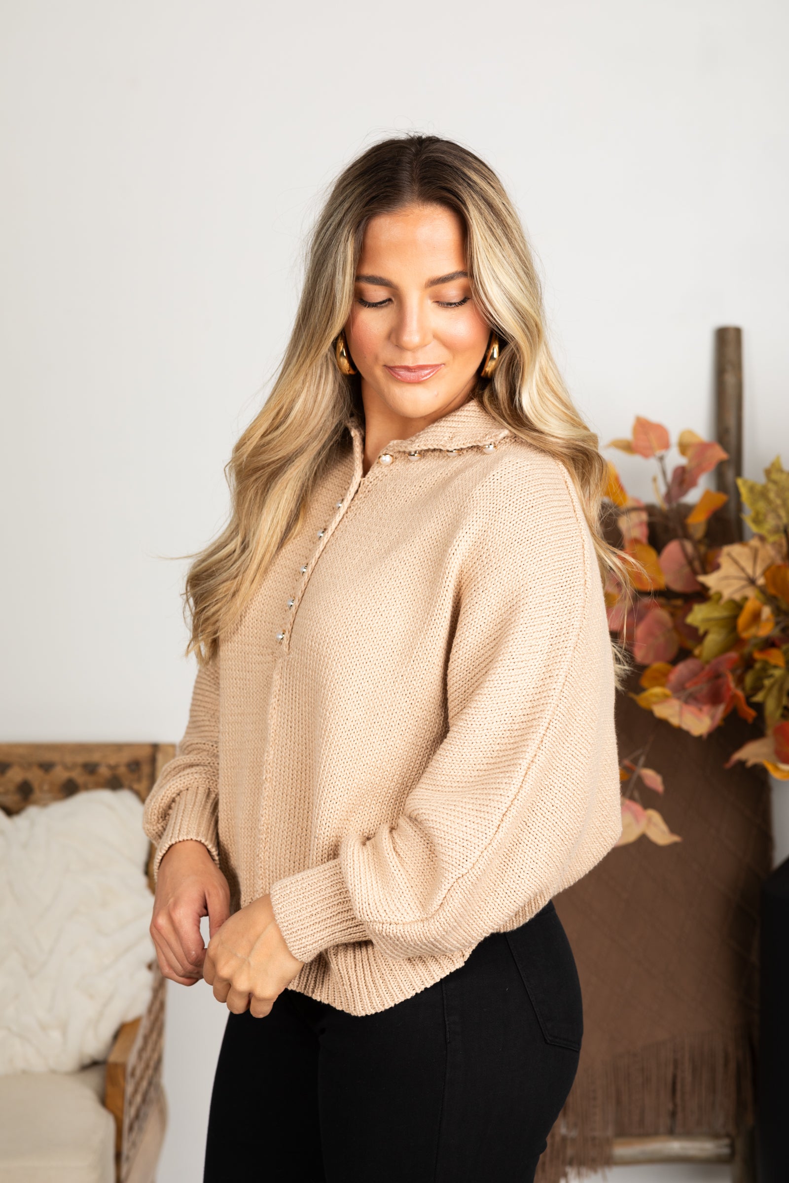 Dolman Sleeve Mock Neck Pearl Button Sweater