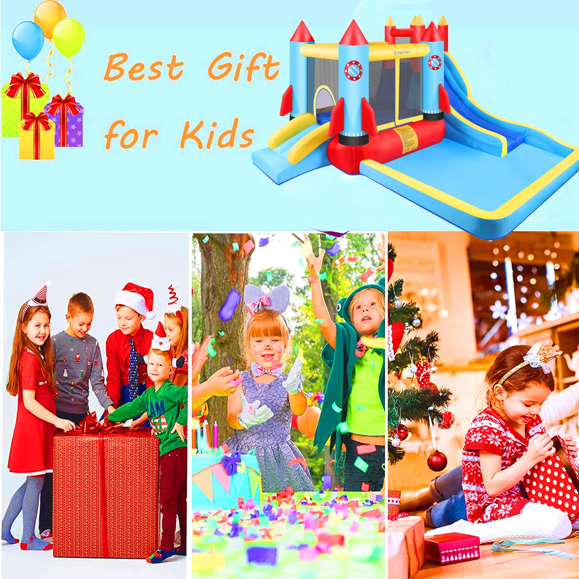 Inflatable Bounce House with Blower Children Bouncer with Large Bounce Area， 2 Slides， Climbing Wall， Play Pool， Water Slide， Park/Castle Theme