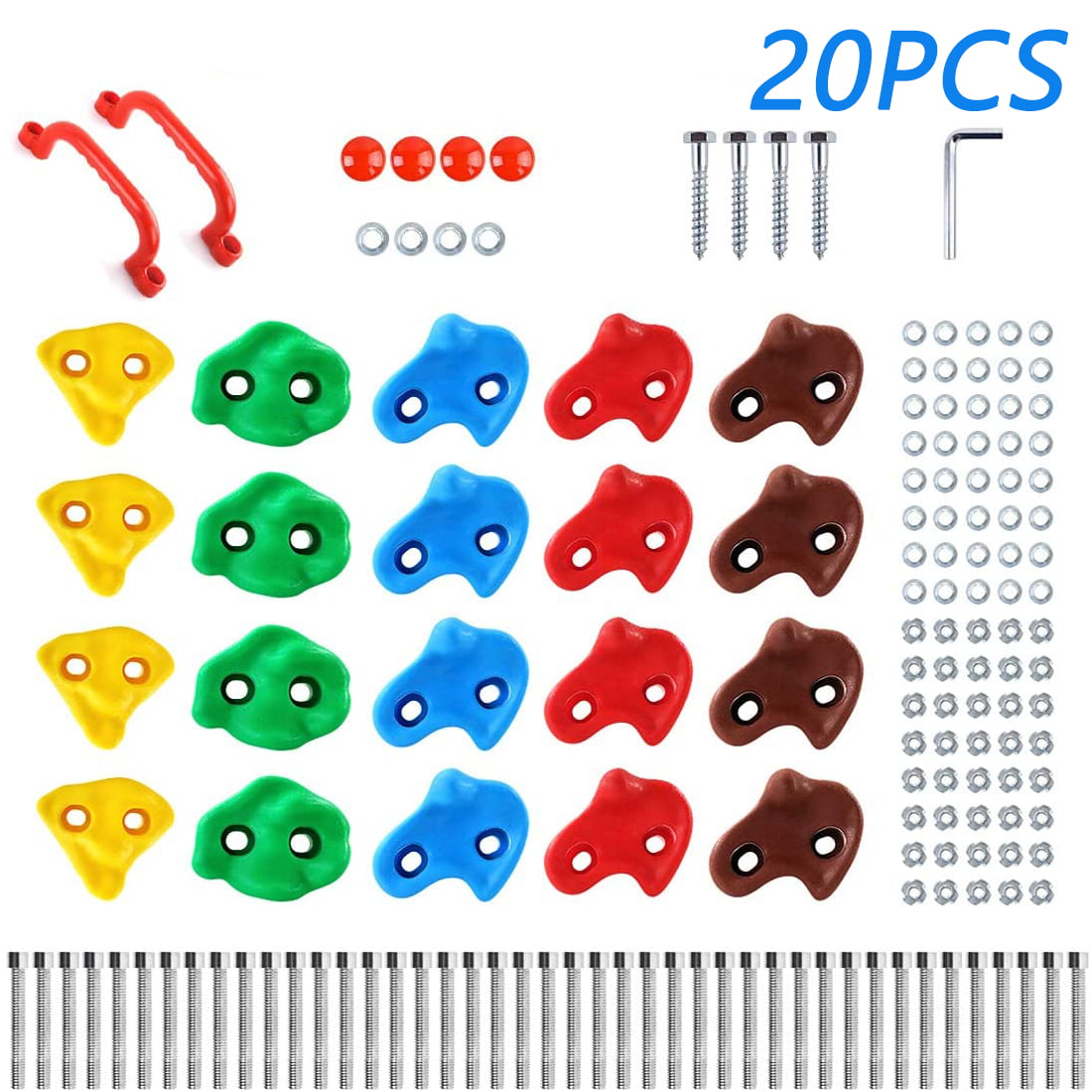 Brizi Living 20 Rock Climbing Holds for Kids， Adult Climbing Rock Wall Grips with 2 Handles， 5.9ft Knotted Rope for Indoor and Outdoor Playground Play Set