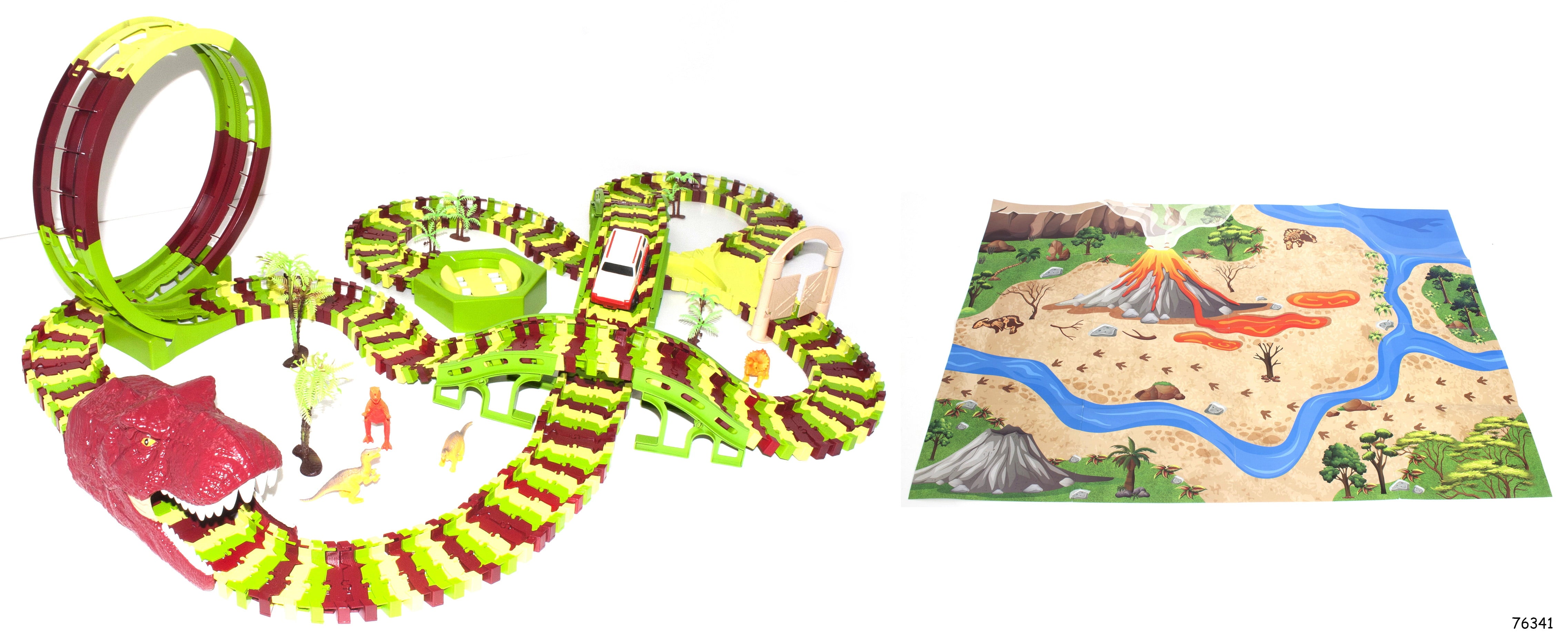 Kid Connection Dinosaur Park Vehicle Track Set， 282 pieces， Flexible Race Track， Motorized Vehicles， and Dinosaurs Included
