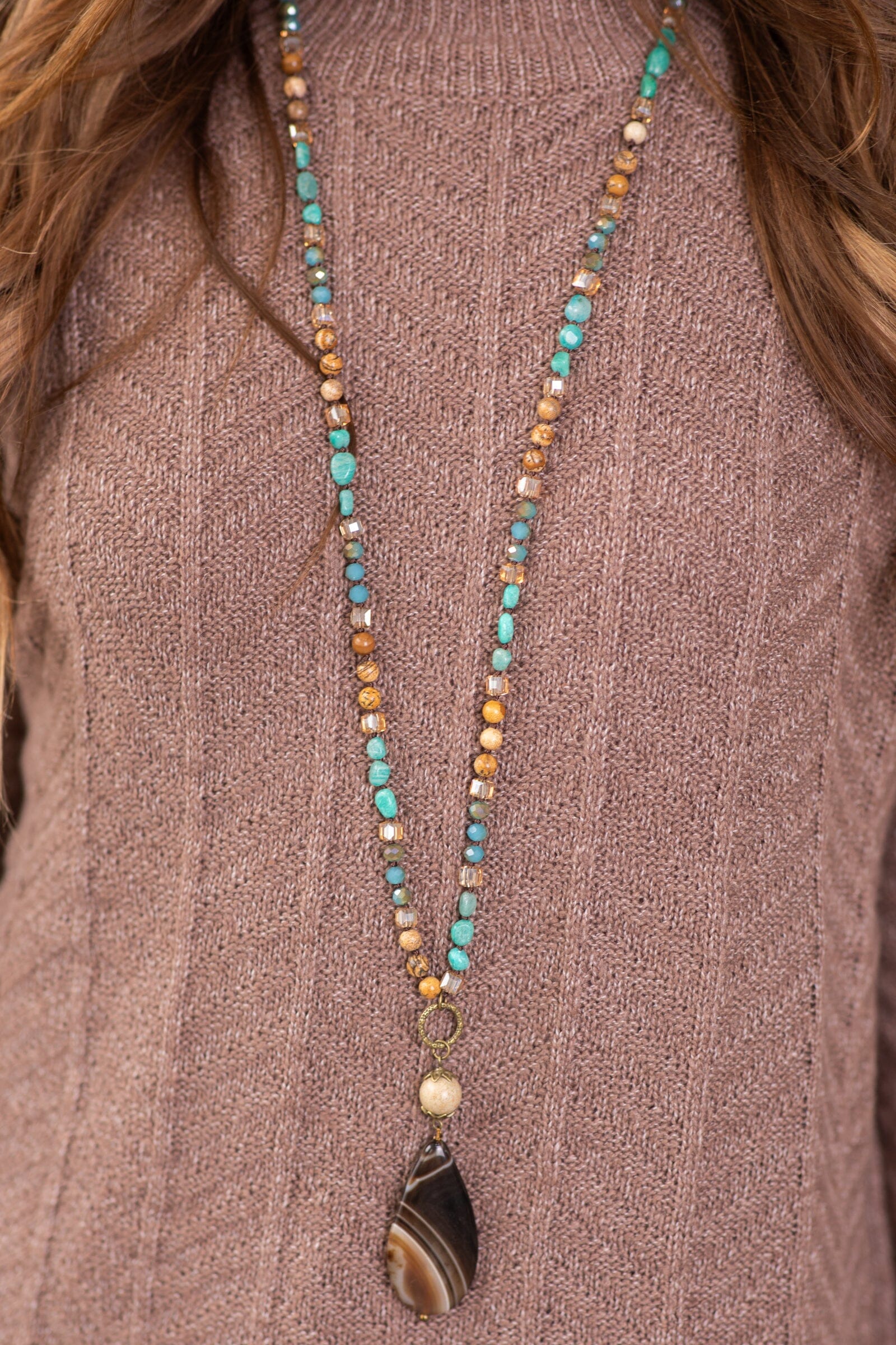 Turquoise and Brown Beaded Long Necklace
