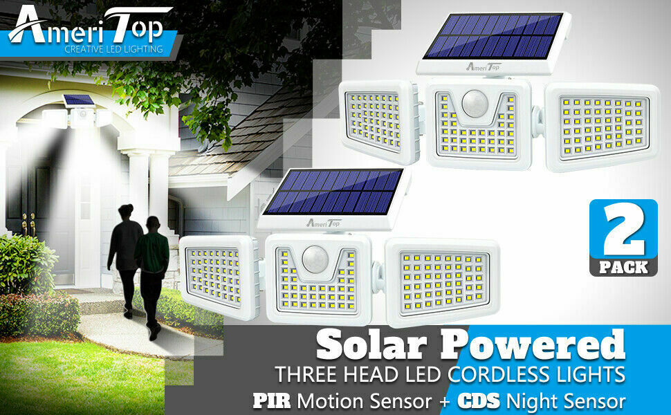 2 Pack - Solar Lights Outdoor， 800LM Wireless LED Solar Motion Sensor Lights Outdoor; 3 Adjustable Heads， 270° Wide Angle Illumination， IP65 Waterproof， Security LED Flood Light