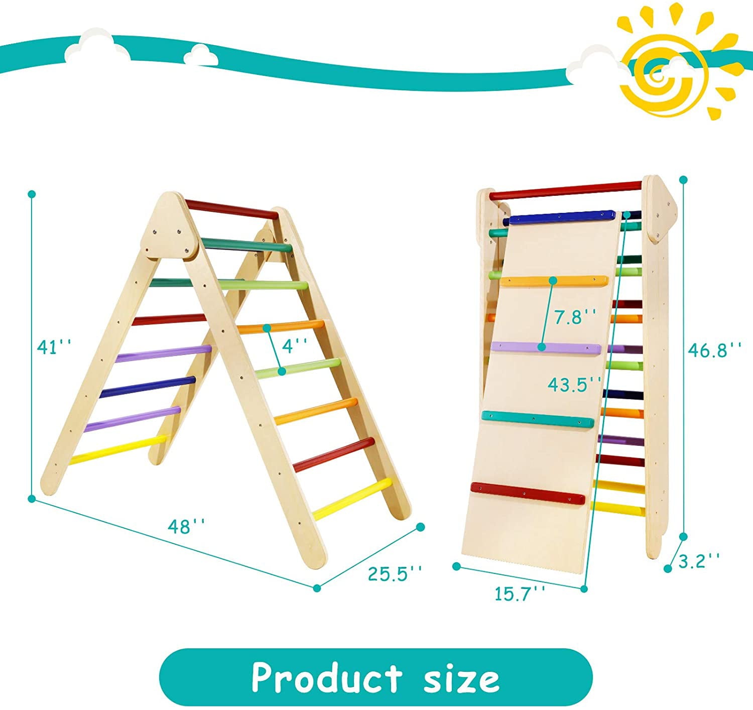 LAZY BUDDY Foldable Climbing Triangle with Ramp， Wooden Climber Ladder Indoor Outdoor Sliding Climbing Toy for Kids 2-7 Years