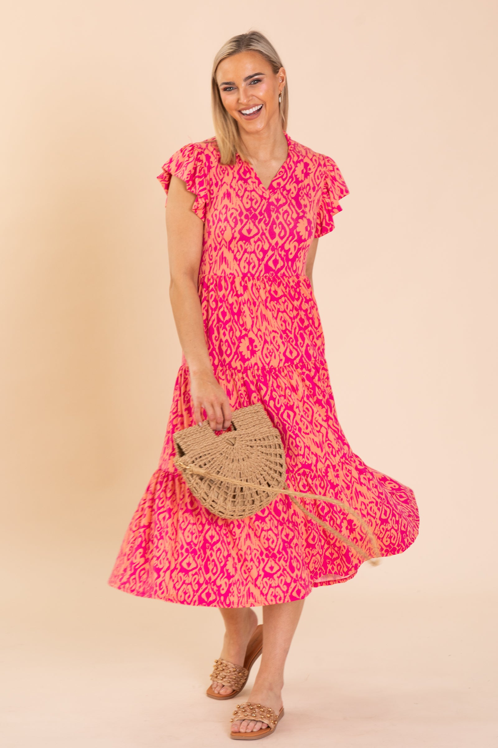 Fuchsia Collared Notch Knit Dress With Pockets